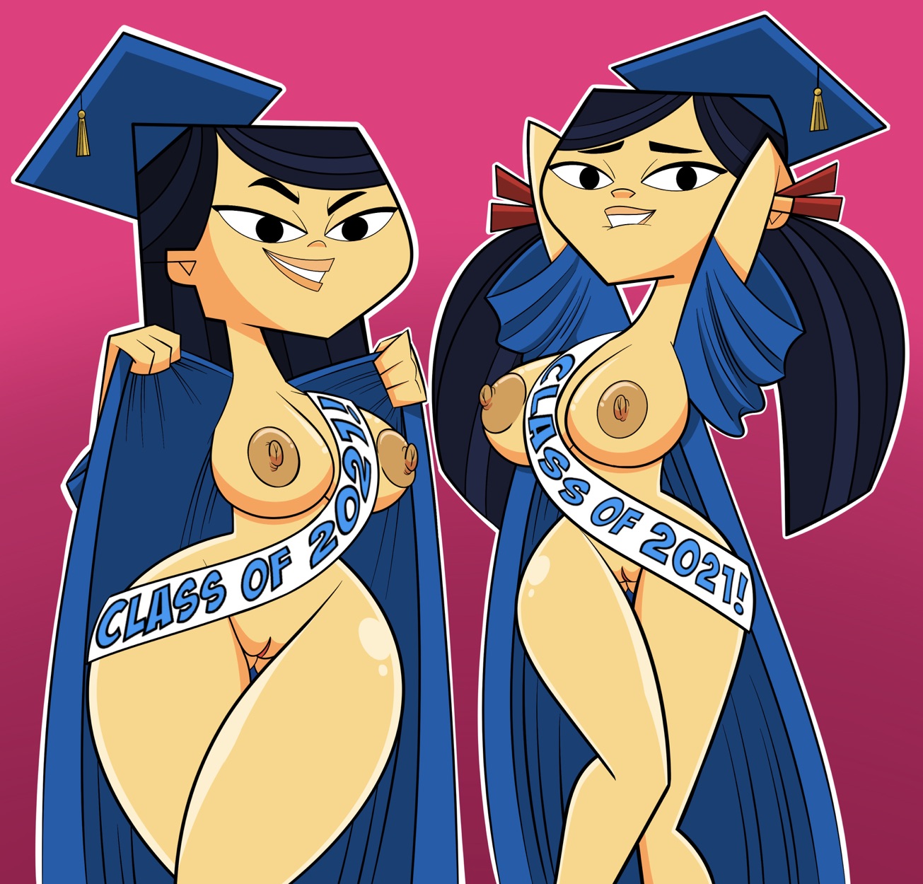 2021, 2girls, asian, ass, big ass, black hair, bra, breasts, cleavage, codykins123, commission, duo focus, emma (tdi), female, female only, flashing, flashing breasts, flashing pussy, graduation cap, grin, half-closed eyes, kitty (tdi), lipstick, looking at viewer, lying, midriff, navel, nude, ponytail, pussy, robe, sash, smile, tan body, the ridonculous race, thick, thick legs, thick thighs, total drama island, yellow-skinned asian