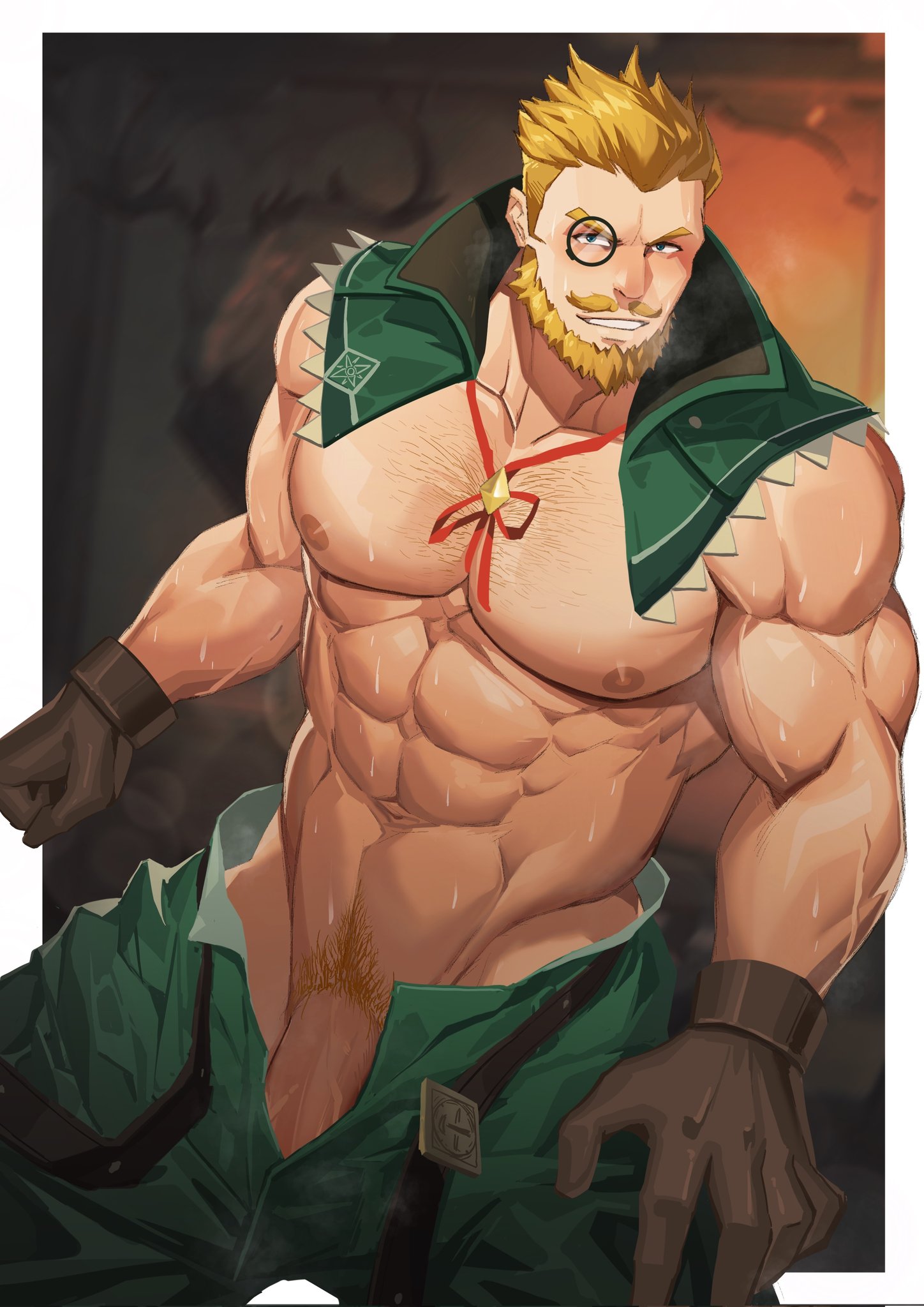 1boy, big penis, blonde hair, cyrus (genshin impact), genshin impact, male, male only, penis, shirtless, solo, solo male, sweat