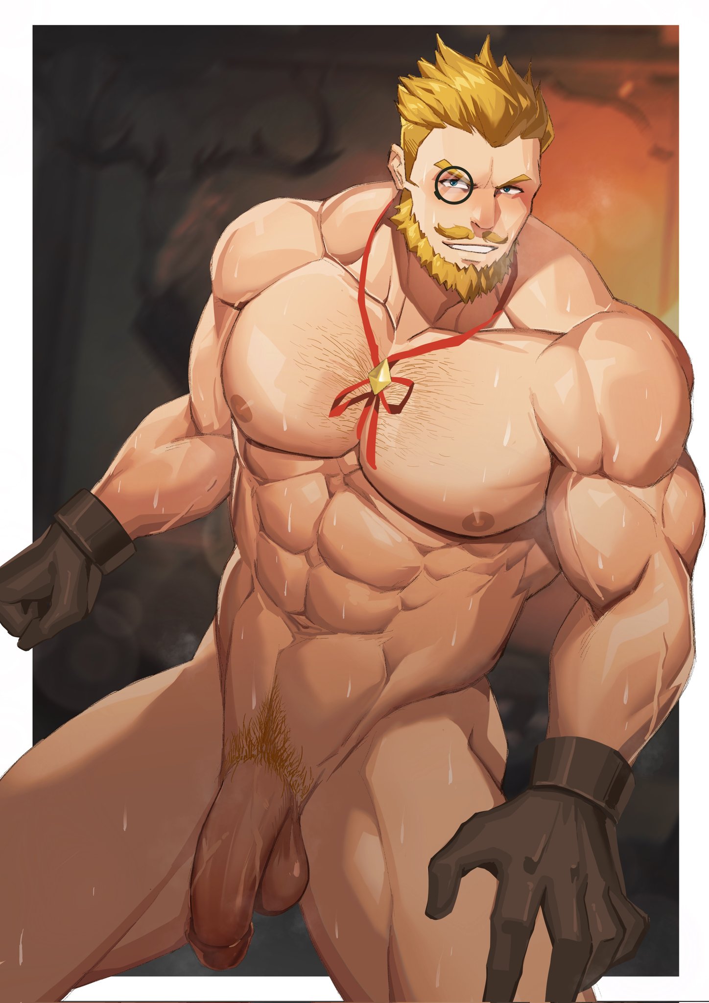 1boy, big penis, blonde hair, completely nude, cyrus (genshin impact), genshin impact, male, male only, naked, nude, penis, solo, solo male, sweating