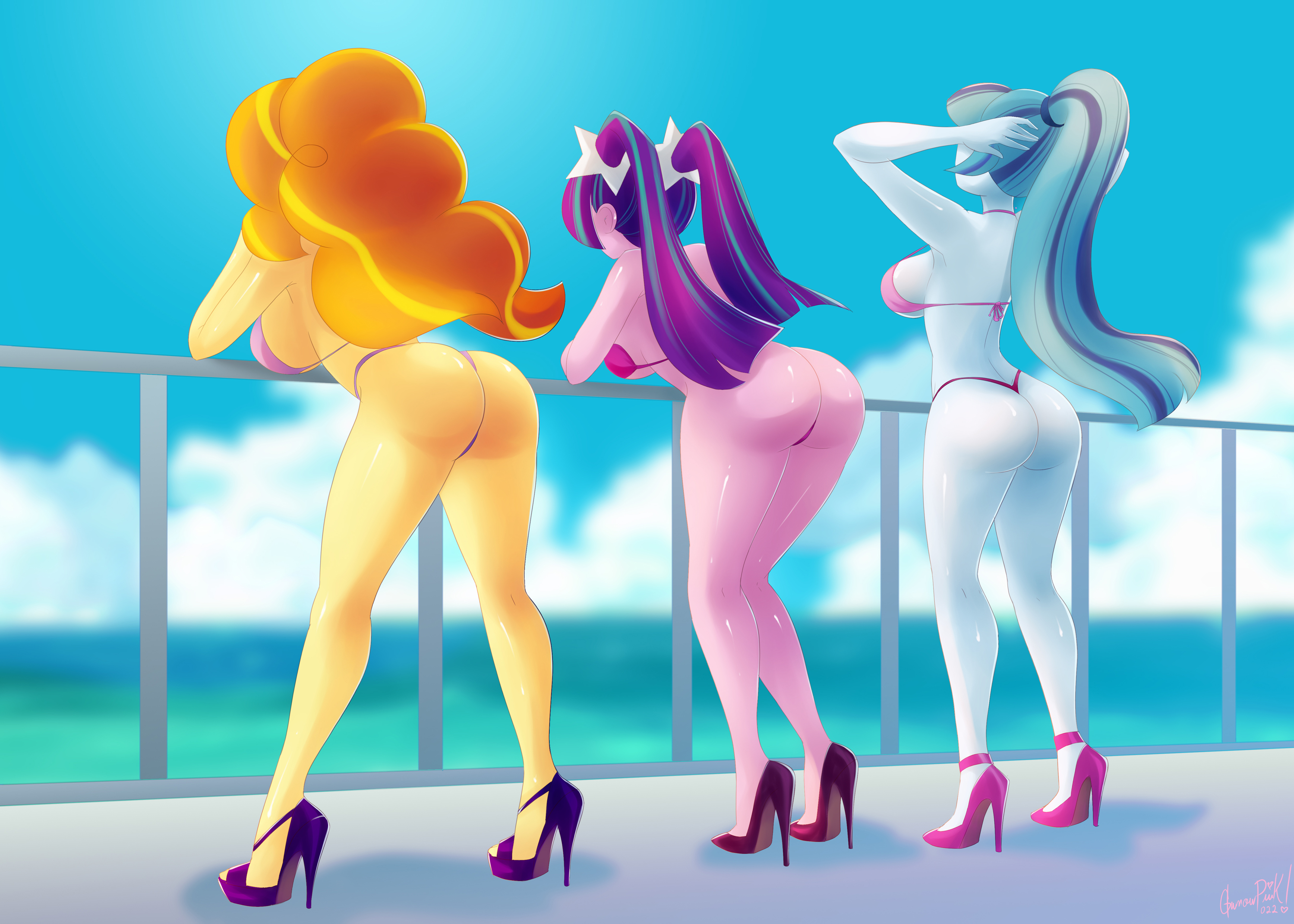 3girls, absurd res, adagio dazzle, aria blaze, ass, big breasts, bikini, breasts, commission, curvy, equestria girls, female, female only, friendship is magic, glamourpink, hasbro, hi res, high heels, highres, huge breasts, large breasts, legs, multiple females, multiple girls, my little pony, ponytail, rear view, sideboob, sonata dusk, stiletto heels, swimsuit, swimwear, the dazzlings, thighs, thong bikini, trio, twintails
