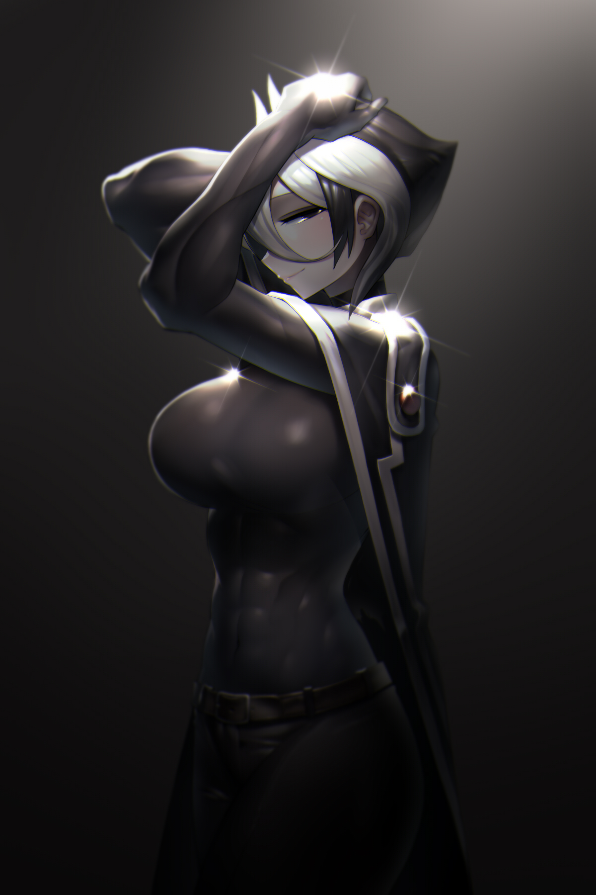 abs, big breasts, black background, black eyes, black hair, breasts, cape, female, female only, harau, light skin, light-skinned female, looking at viewer, made in abyss, muscular, muscular female, ozen, pale skin, pale-skinned female, short hair, skin tight, smile, solo, two-tone hair, white hair, white highlights