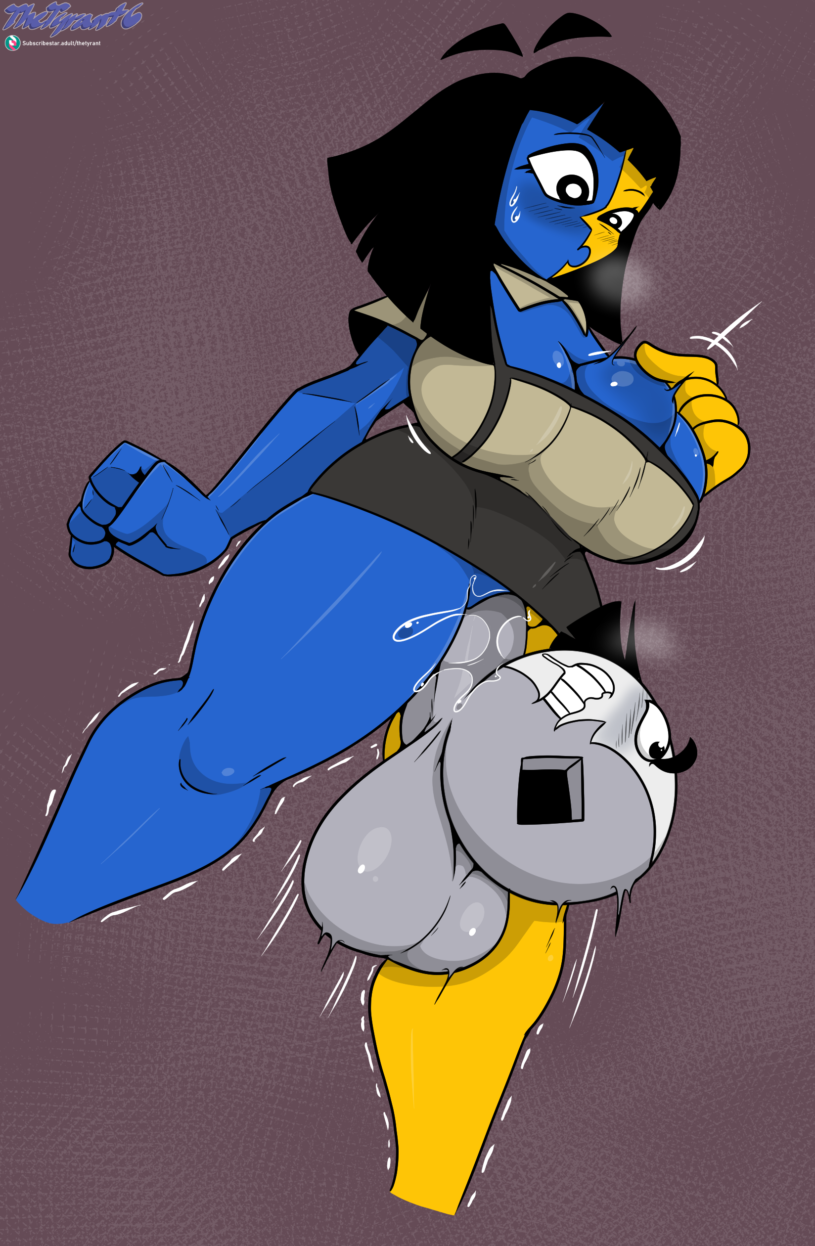 1futa, 1girls, abdominal bulge, artist name, balls, big breasts, black eyes, black hair, blue skin, breasts, cleavage, cock, ena, ena (series), female, floating, futa on female, futanari, intersex, joel g, large penis, moony (joel g), penetration, penis, pussy, sex, shocked, shocked expression, size difference, stomach bulge, surprised, testicles, thetyrant, thighs, vagina, vaginal, vaginal sex, yellow skin