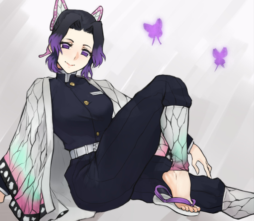 barefoot black_hair blush bug butterfly butterfly_hair_ornament demon_slayer feet female female_only flip-flops fully_clothed haori insect kimetsu_no_yaiba kochou_shinobu long_hair looking_at_viewer multicolored_hair purple_eyes sandals scas smile solo toes two-tone_hair