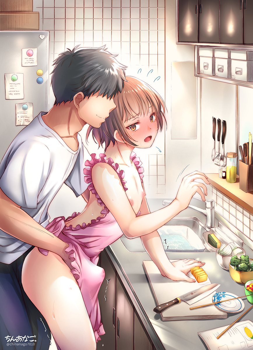 2boys, apron, blush, brown eyes, brown hair, chinanago7010, faceless male, femboy, girly, handjob, male, male nipples, male only, masturbation, naked apron, nipples, nude, nude male, original, partially clothed, short hair, thighs, yaoi