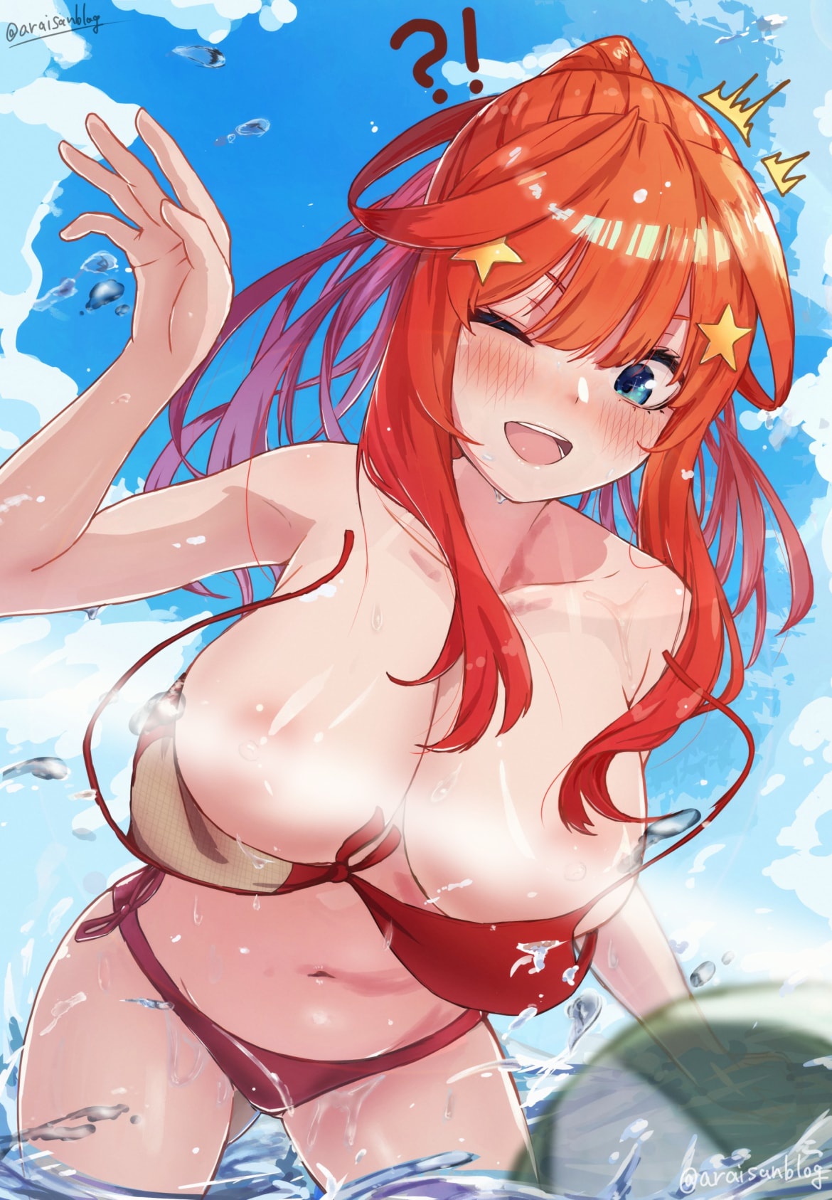 1girls, beachball, big breasts, bikini, bikini top, bikini top removed, breasts, convenient censoring, curvy, female, go-toubun no hanayome, irarei, nakano itsuki, nipples, red hair, sea, sky, solo, wardrobe malfunction, water