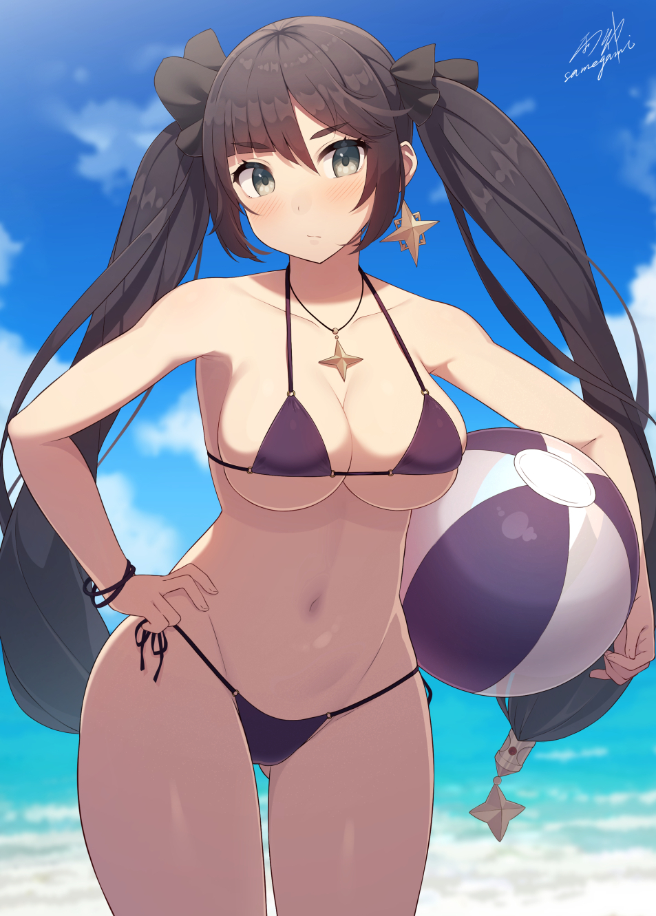 1girls 2022 beach beach_ball black_hair breasts female female_only genshin_impact green_eyes hips huge_breasts long_hair mona_(genshin_impact) outdoors samegami slim_waist thick_thighs thighs twintails wide_hips