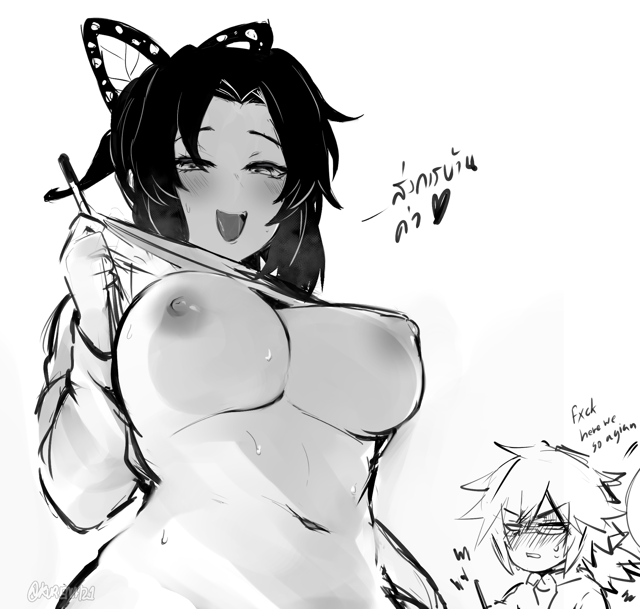 1boy, 1girls, big breasts, blush, breasts, butterfly hair ornament, demon slayer, female, female focus, flashing, flashing breasts, greyscale, kimetsu no yaiba, kochou shinobu, kurenaiz1, looking at viewer, male, monochrome, no bra, open mouth, shirt lift, smile, sweat, teacher and student, tomioka giyuu