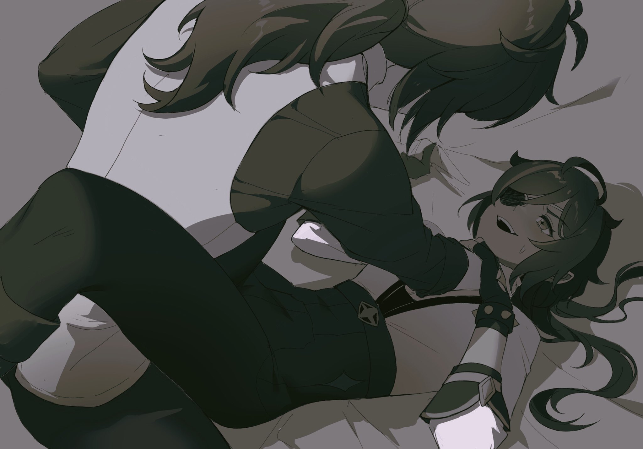 adoptive siblings, boy on top, choking, dark skin, dark-skinned male, diluc (genshin impact), eyepatch, genshin impact, gloves, grabbing sheets, kaeya (genshin impact), male, male only, male/male, nervous, nervous smile, on bed, on top, pinning down, sabakuyoru, smile, yaoi