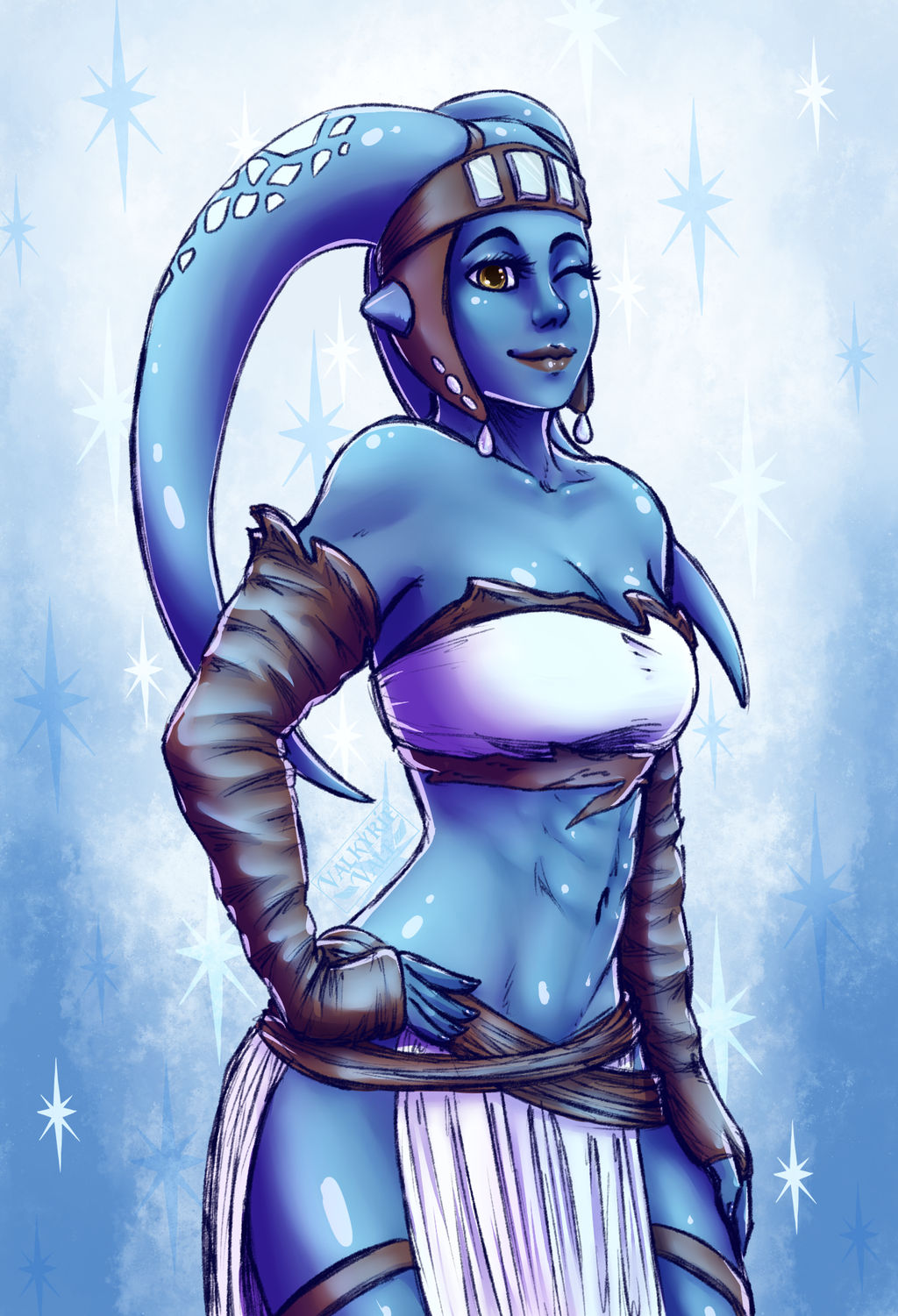 1girls, aayla secura, abs, alien, alien girl, athletic, athletic female, blue skin, breasts, female, female only, one eye closed, solo, star wars, thighs, tuulaa doneeta, twi'lek, valkyrievale, wink, winking at viewer