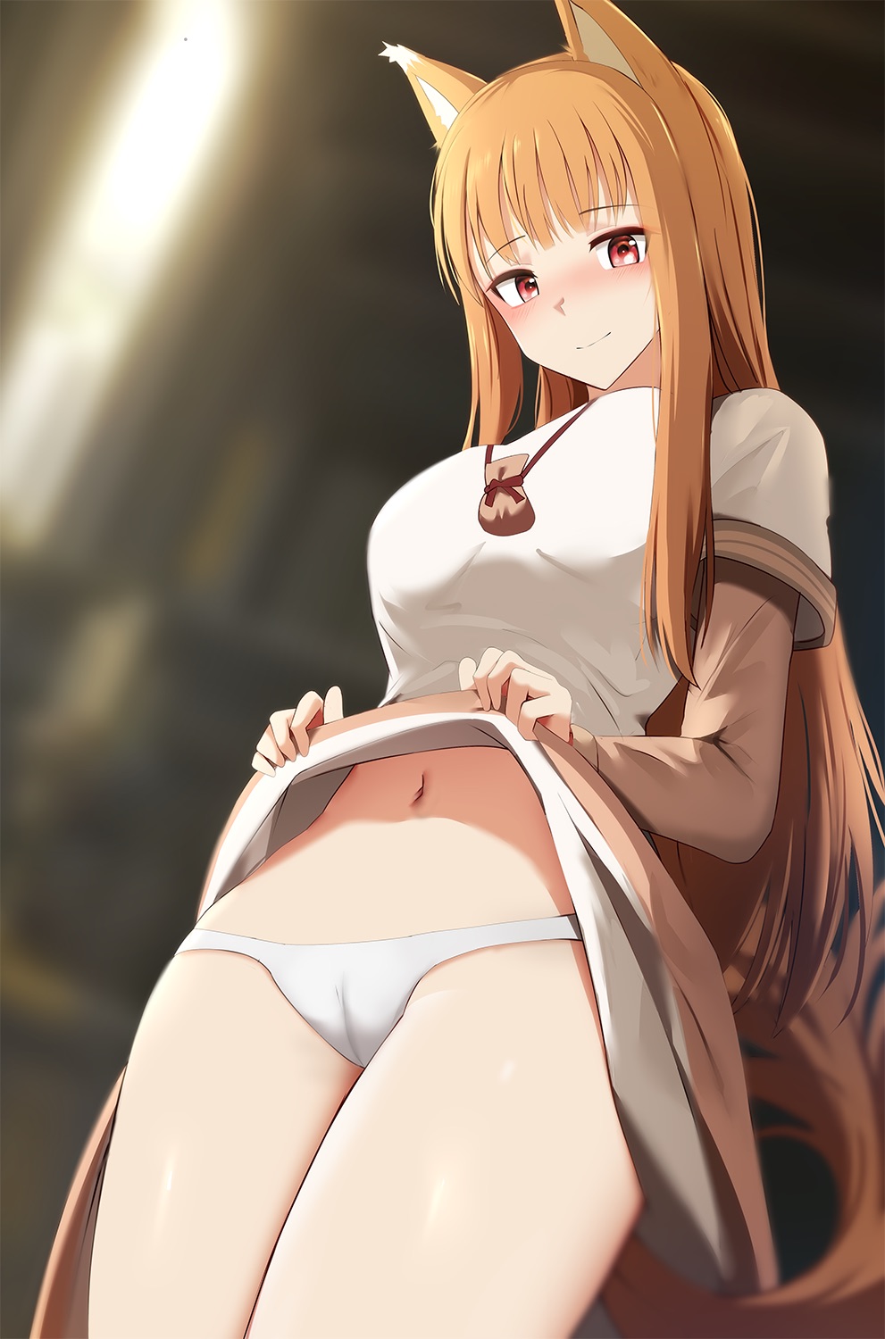 1girls animal_ears blush brown_hair cameltoe clothing dress dress_lift female female_only flashing ginhaha holo kemonomimi light_brown_hair long_hair looking_at_viewer low-angle_view panties red_eyes smile solo spice_and_wolf tail thick_thighs white_panties wolf_ears wolf_girl wolf_tail