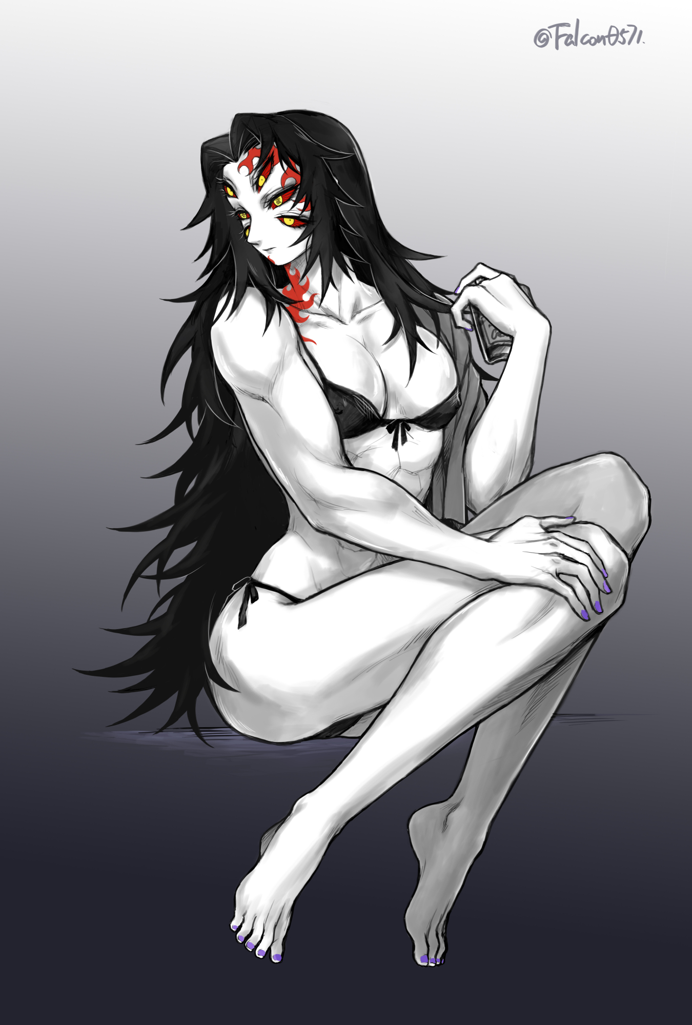 6 eyes, ambush (trap), barefoot, bikini, black hair, breasts, crossdressing, demon, demon boy, demon slayer, facial markings, falcon0571, feet, full body, hair down, kimetsu no yaiba, kokushibo, long hair, long-haired male, male, male only, michikatsu tsugikuni, multi eye, muscular, muscular chest, muscular male, nail polish, nipple bulge, no background, purple nails, purple toenails, red sclera, restricted palette, rule 63, sitting, solo, spiky hair, toenail polish, very long hair, yellow eyes