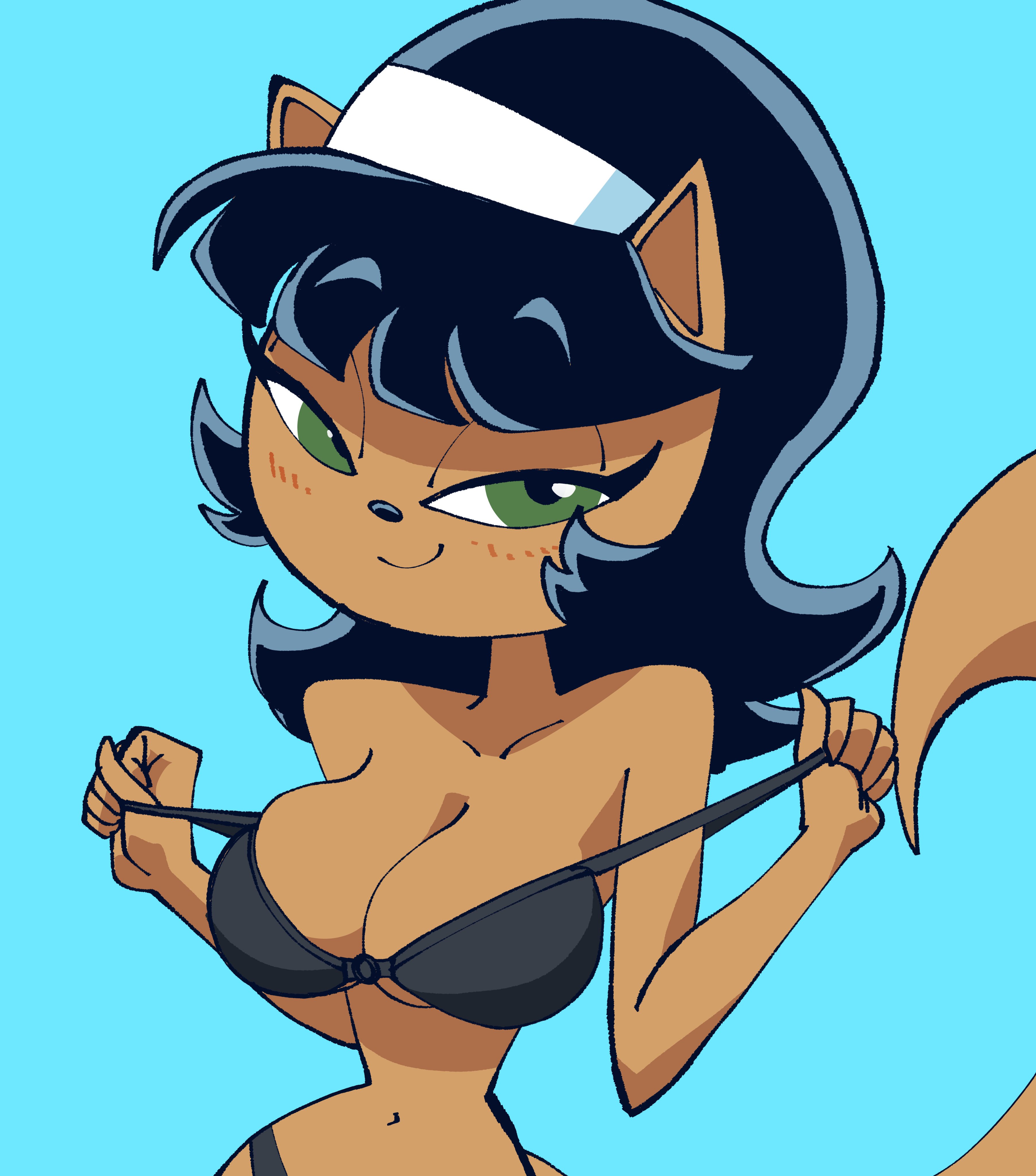 bedroom eyes, belly button, big breasts, black bra, black hair, black panties, bra, breasts, cyan background, feline, female, furry, inkershike, kitty katswell, long hair, panties, simple background, t.u.f.f. puppy, tail