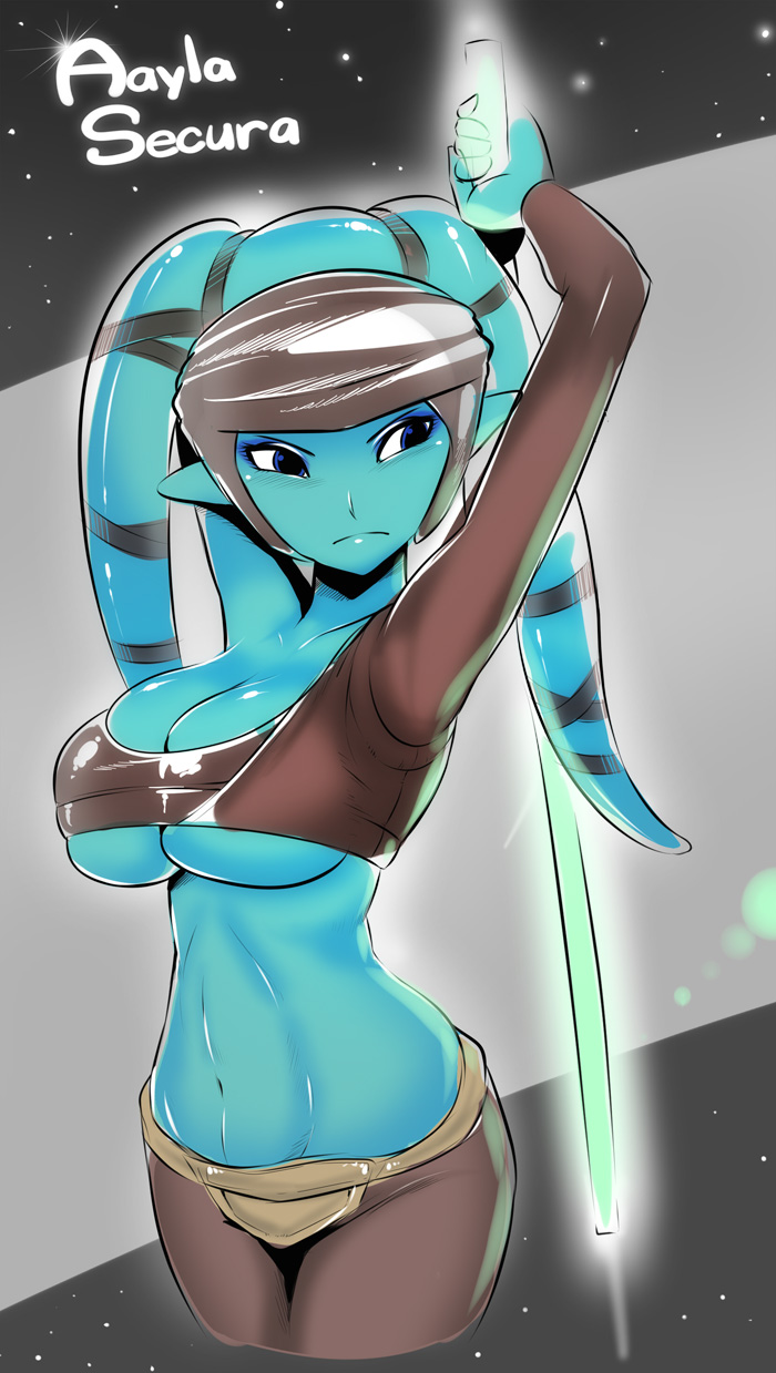 >:( 1girls aayla_secura blue_skin breasts female jedi lekku_(anatomy) lightsaber star_wars text thighs twi'lek voluptuous