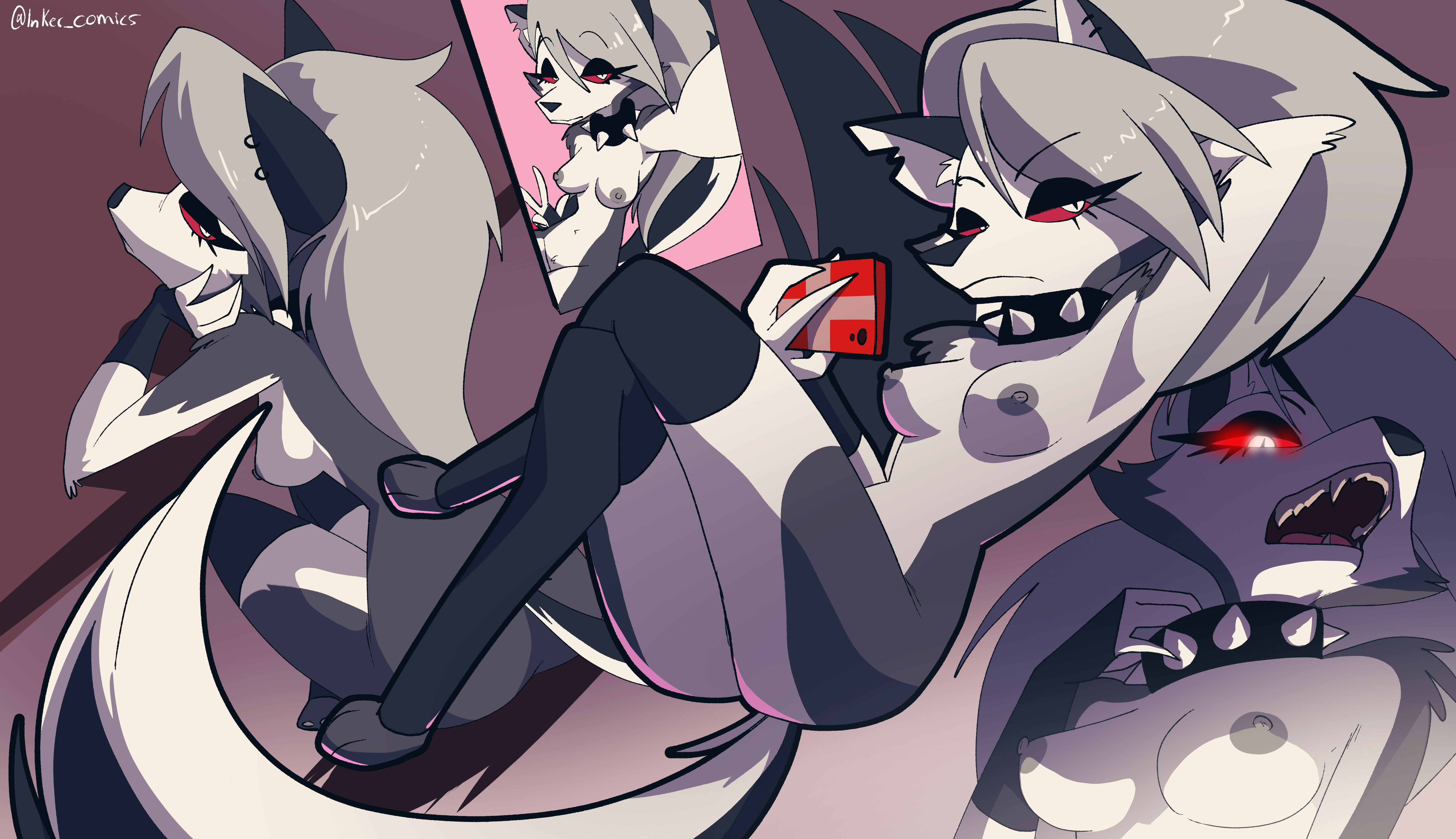 1girls, areolae, ass, breasts, collar, demon, demon girl, dog collar, female, furry, helluva boss, inkershike, loona (helluva boss), monster, multicolored fur, nipples, nude, red eyes, tagme, wolf
