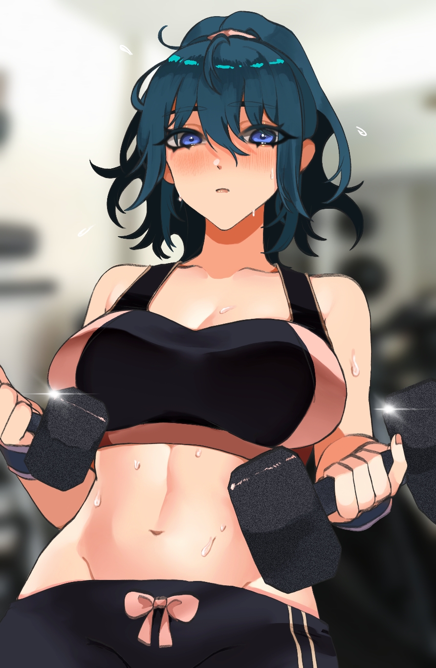 1girls alternate_hairstyle bangs blue_eyes blue_hair blush breasts byleth_(fire_emblem) byleth_(fire_emblem)_(female) closed_mouth dumbbell exercise female female_only fire_emblem fire_emblem:_three_houses gym highres large_breasts looking_at_viewer medium_hair navel nintendo octoboo pants ponytail sports_bra sweat teal_hair weightlifting weights yoga_pants