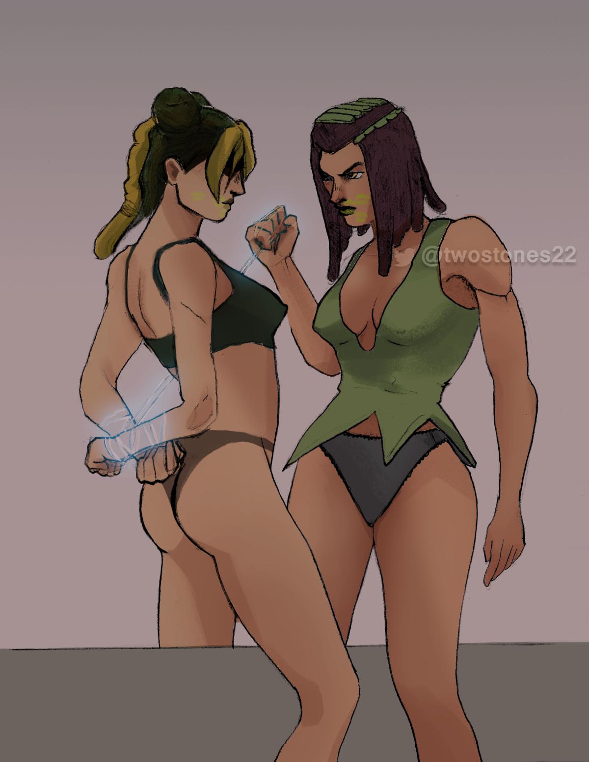 2girls, bondage, bound, bound arms, dark skin, dark-skinned female, ermes costello, female, female focus, female only, femdom, femsub, hands tied, jojo's bizarre adventure, jolyne kujo, lezdom, lezsub, light skin, lipstick, panties, partially clothed, stone ocean, toned, toned female, twostones, wide hips, yuri