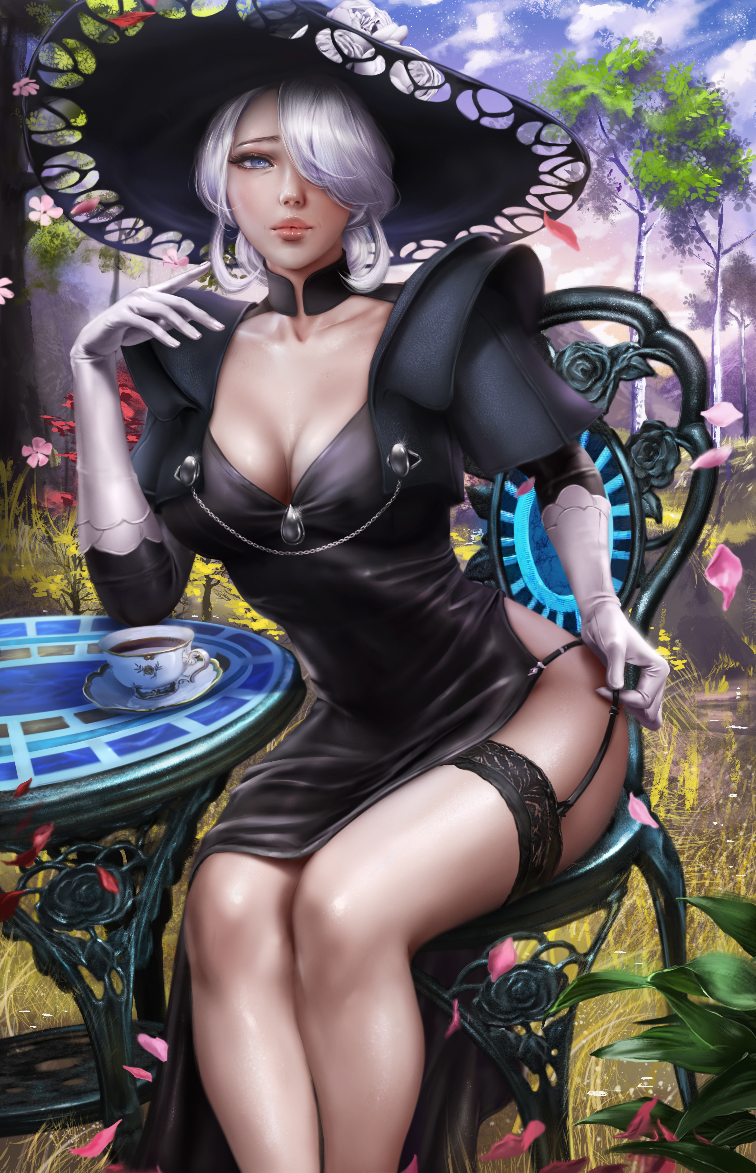 1girls, absurd res, alternate breast size, bangs, black dress, black gloves, black headwear, blue sky, breasts, chair, choker, clavicle, cleavage, clothing, cloud, cogita (pokemon), curvaceous, curvy female, day, dress, earrings, eyebrows visible through hair, female, female only, flower, garter, garter belt, garter straps, gloves, grass, green eyes, hair between eyes, hair over one eye, hat, headwear, hi res, jewelry, large breasts, light skin, light-skinned female, lingerie, lips, logan cure, long hair, looking at viewer, makeup, medium hair, necklace, nintendo, petals, pink lips, plant, pokemon, pokemon legends: arceus, shiny skin, short hair, side slit, sitting, solo, sun hat, table, tea, thighhighs, thighs, tree, voluptuous, white gloves, white hair