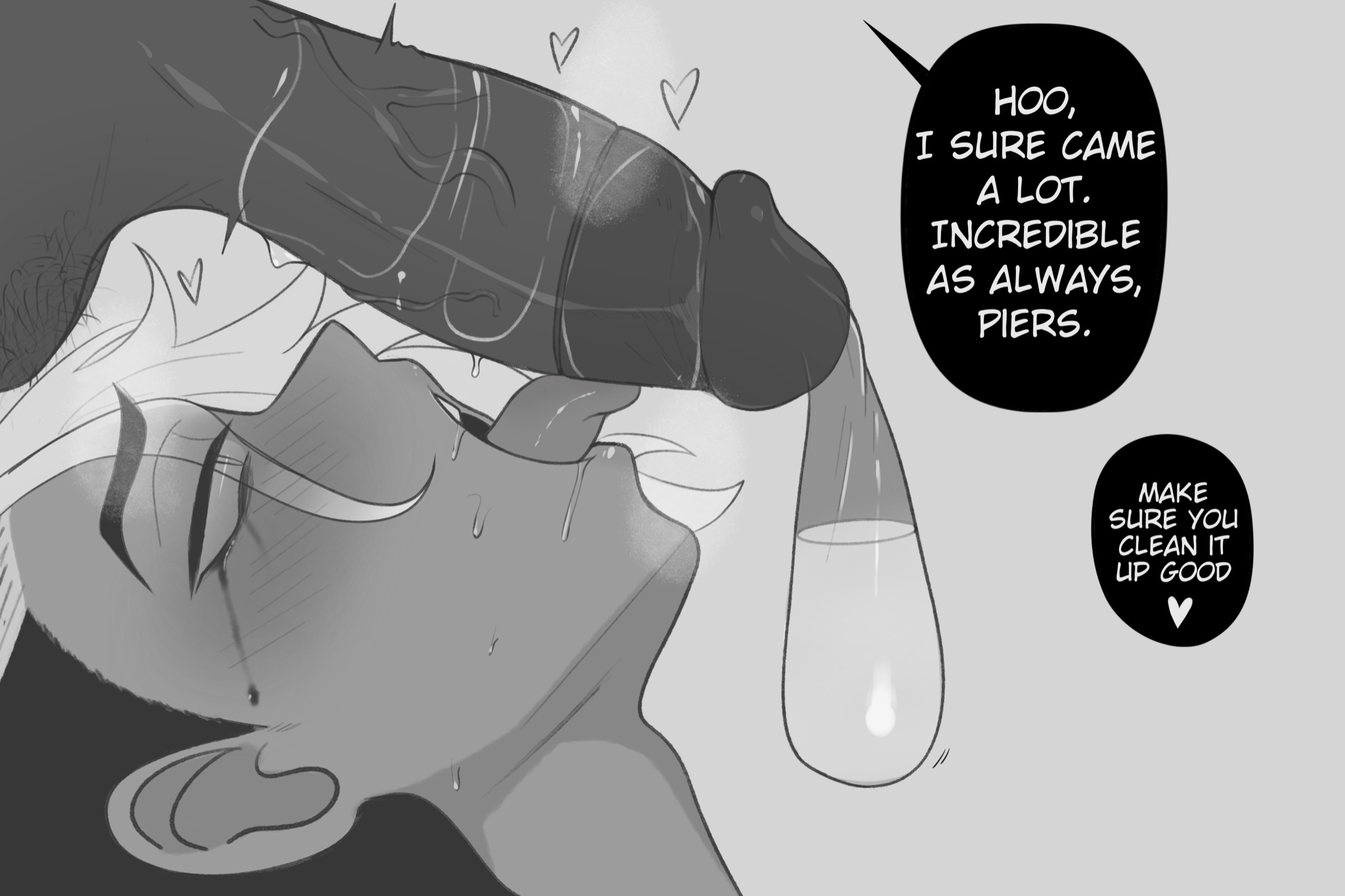 2boys, after deepthroat, after oral, balls, condom, condom balloon, cum, dark skin, dark-skinned male, fellatio, heart, interracial, licking penis, light skin, light-skinned male, male, male only, mascara, monochrome, oral, penis, piers (pokemon), pokemon, pokemon ss, post-sex, pubic hair, raihan (pokemon), rmandraws1 (artist), runny makeup, seductive mouth, speech bubble, sweat, sword swallowing position, text, tongue, tongue out, used condom, yaoi