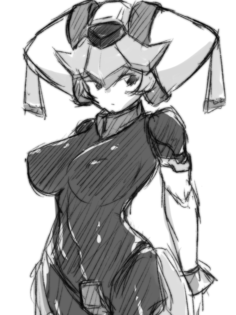 9rimson armor bodysuit female helmet large_breasts mega_man mega_man_zx monochrome nipples_visible_through_clothing pandora_(mega_man) robot_girl sketch