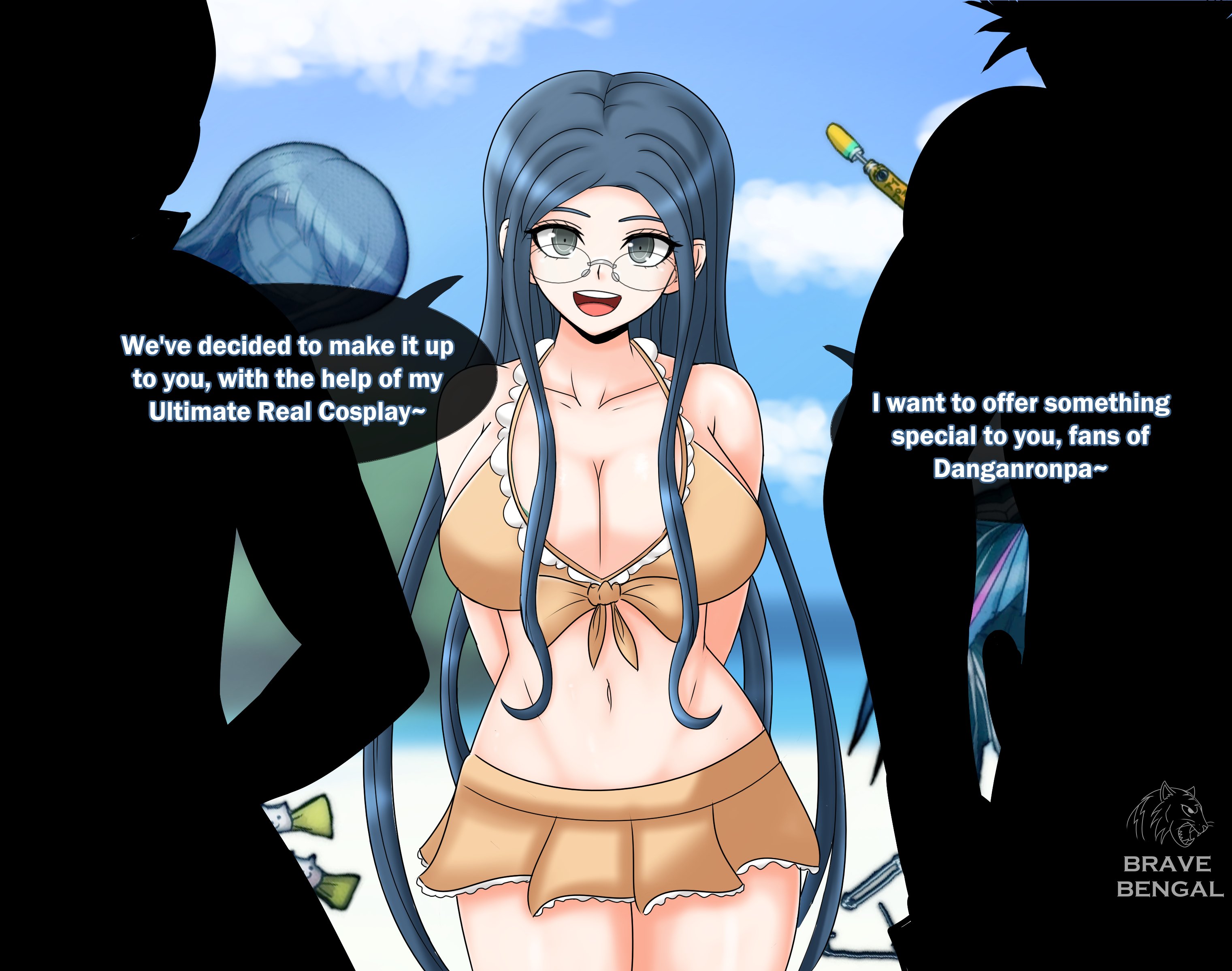 big breasts, bikini, blue eyes, blue hair, bravebengal, breasts, busty, busty female, curvaceous, curvy, curvy body, curvy female, curvy figure, curvy hips, danganronpa, danganronpa s: ultimate summer camp, danganronpa v3, female, glasses, hourglass figure, huge breasts, large breasts, multiple boys, shirogane tsumugi, sillouette, straight hair, voluptuous, voluptuous female, wig