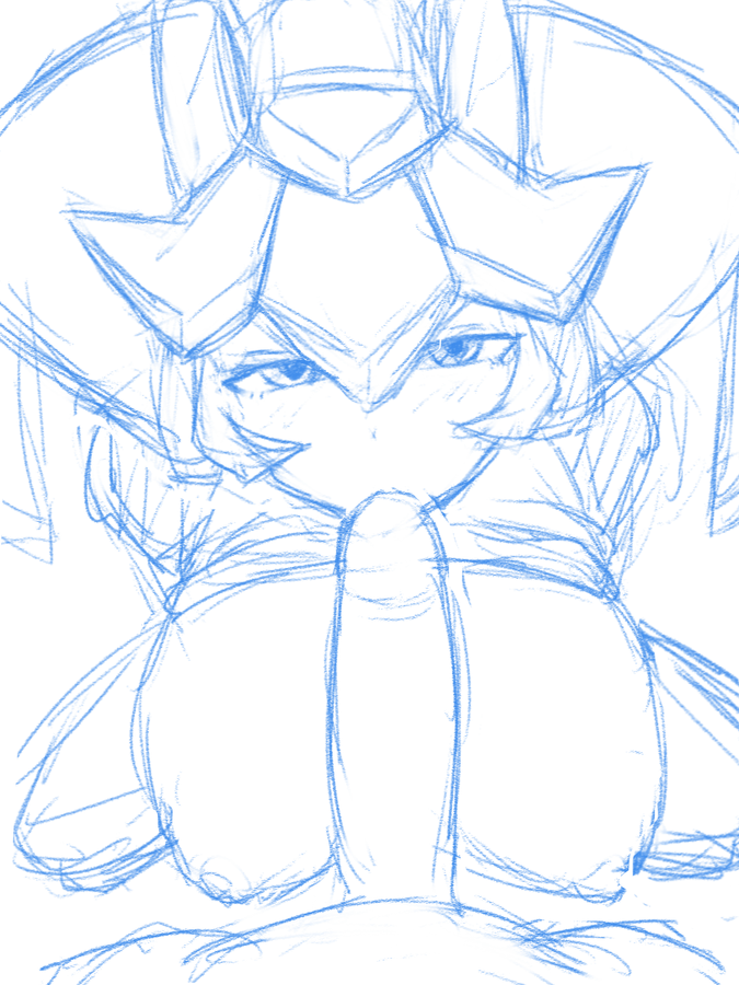 1boy 9rimson breasts_out fellatio female large_breasts looking_at_viewer mega_man mega_man_zx monochrome pandora_(mega_man) penis robot_girl sketch squatting