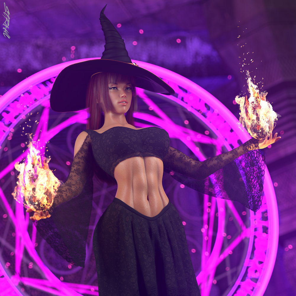 1girls 3d abs akane_(str4hl) depth_of_field dutch_angle female female_only fireball halloween large_breasts magic original original_character skirt slushe_(website) solo standing str4hl witch witch_hat