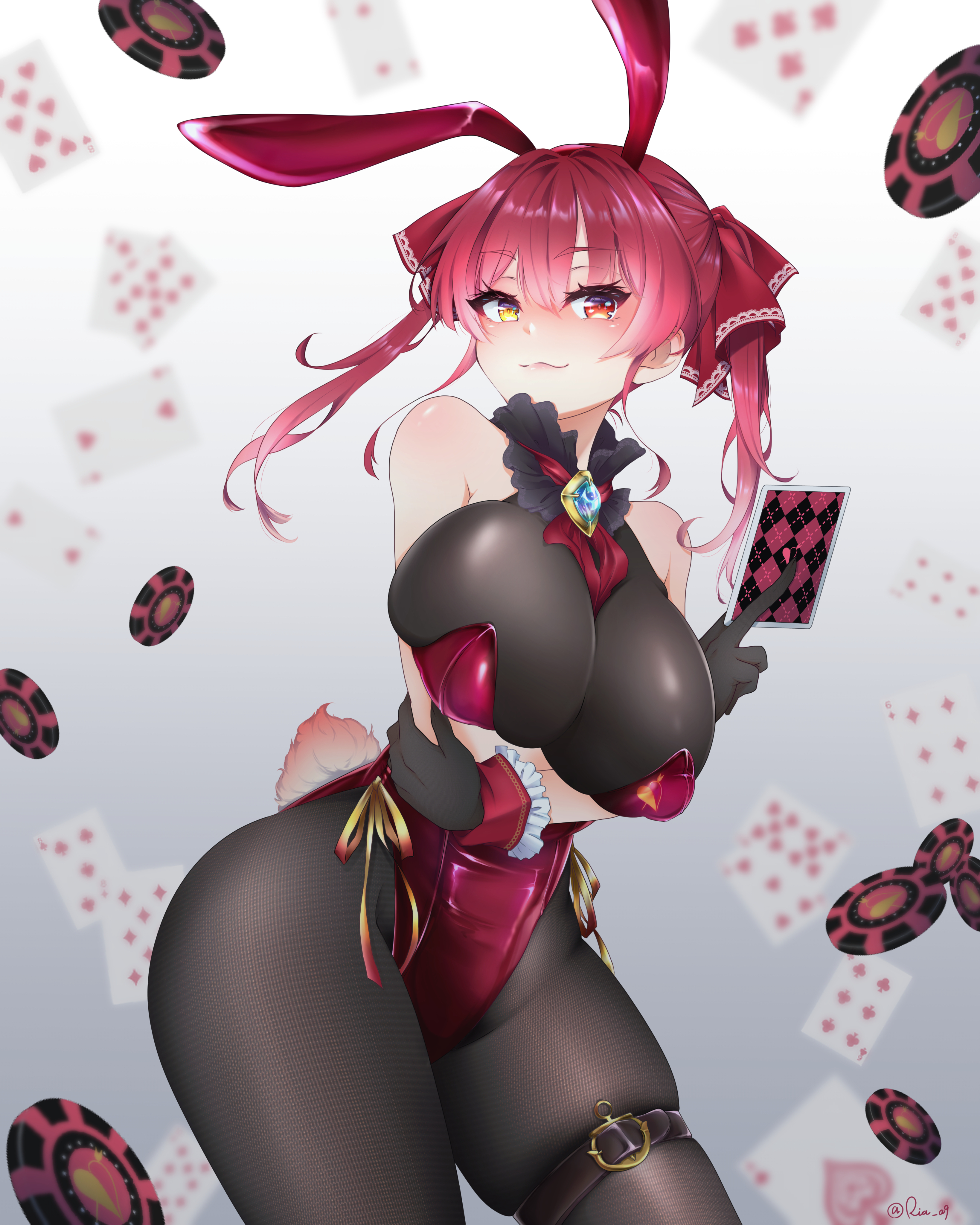 :3, 1girls, 2022, arms under breasts, bare shoulders, big breasts, blush, bodystocking, breasts, bunny ears, bunny tail, card, female, female focus, female only, hair ribbon, heterochromia, hololive, hololive fantasy, hololive japan, houshou marine, looking at viewer, playboy bunny, playing card, red eye, red hair, ria a9, solo, solo female, standing, thick thighs, thighs, twintails, virtual youtuber, yellow eye