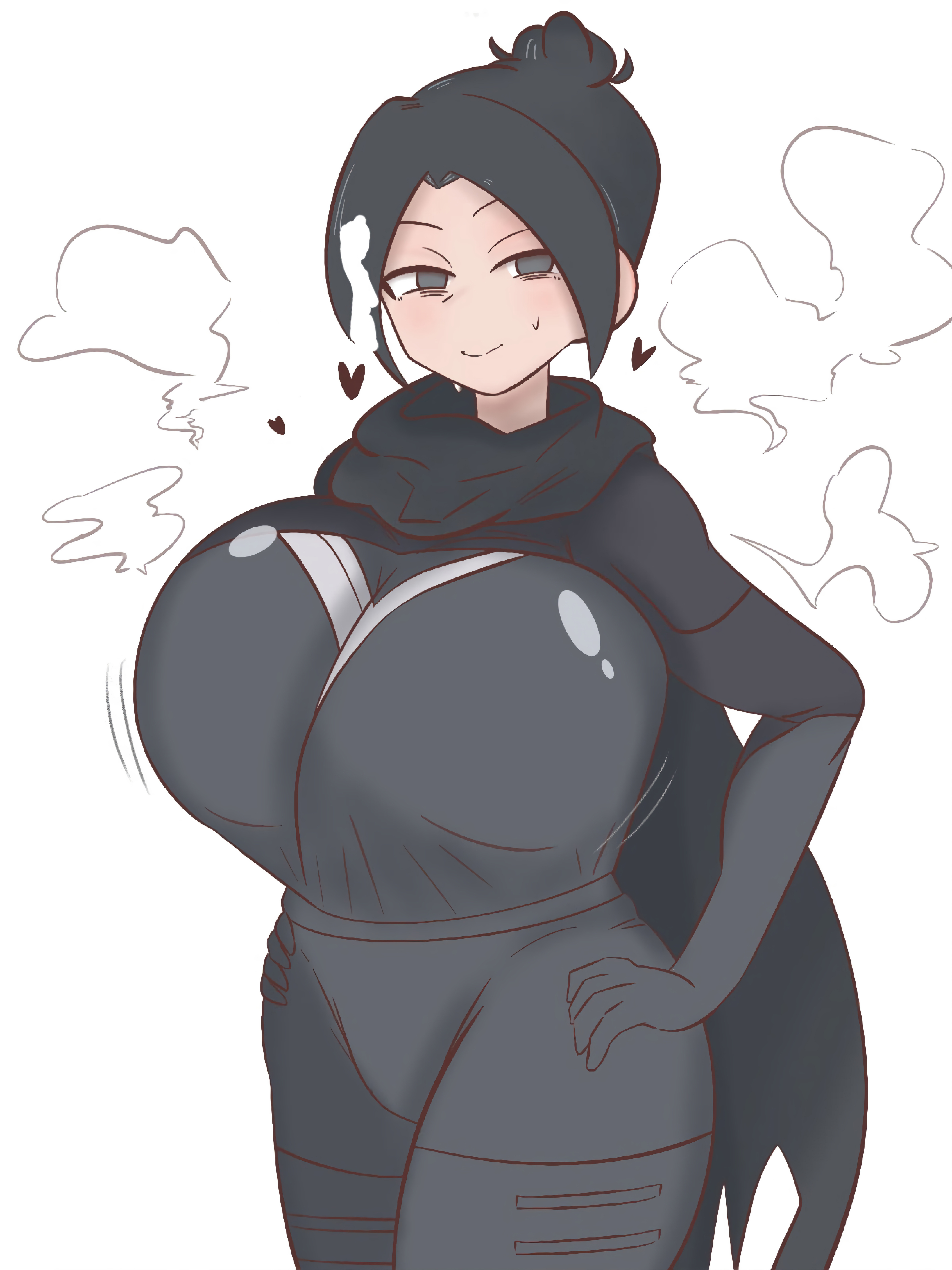 2d, alternate breast size, apex legends, ass, belt, big ass, big breasts, big butt, big thighs, black clothing, blush, blush lines, bottom heavy, breast expansion, breast growth, breast growth (enlargement), breast squish, breasts, bursting breasts, female, gigantic ass, grey eyes, grey hair, growth, horny, horny female, huge ass, huge breasts, jumpsuit, looking at another, outgrowing clothes, scarf, simple background, stretched clothing, sweat, sweatdrop, thick, thick ass, thick hips, thick thighs, tight clothes, tight clothing, tights, wraith (apex legends)