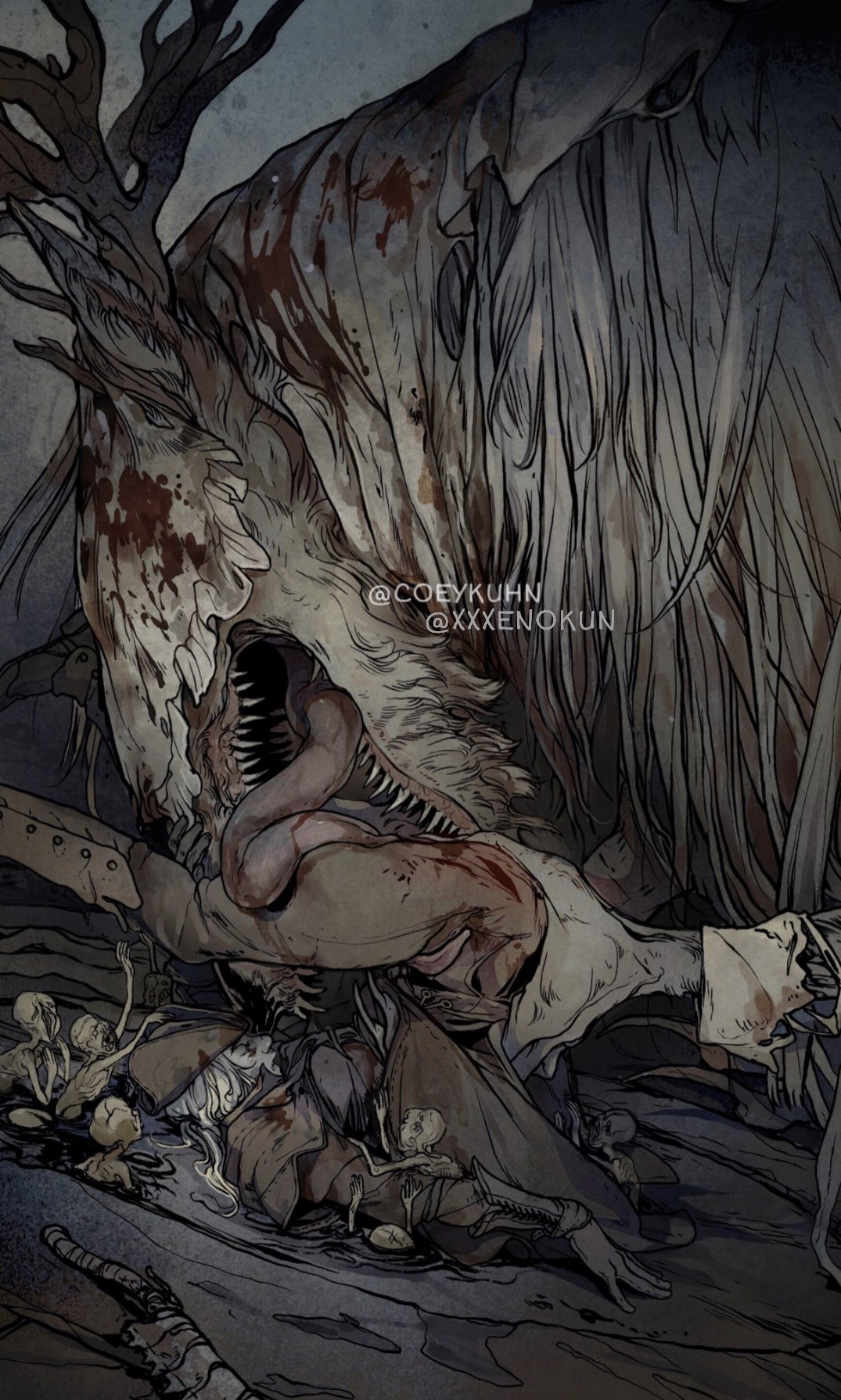 2022 anthro antlers beast_(bloodborne) bloodborne canid canine coeykuhn duo female fromsoftware fur hi_res horn human licking male mammal monster sharp_teeth sony_corporation sony_interactive_entertainment teeth tongue tongue_out vicar_amelia video_games white_body white_fur xxxenokun