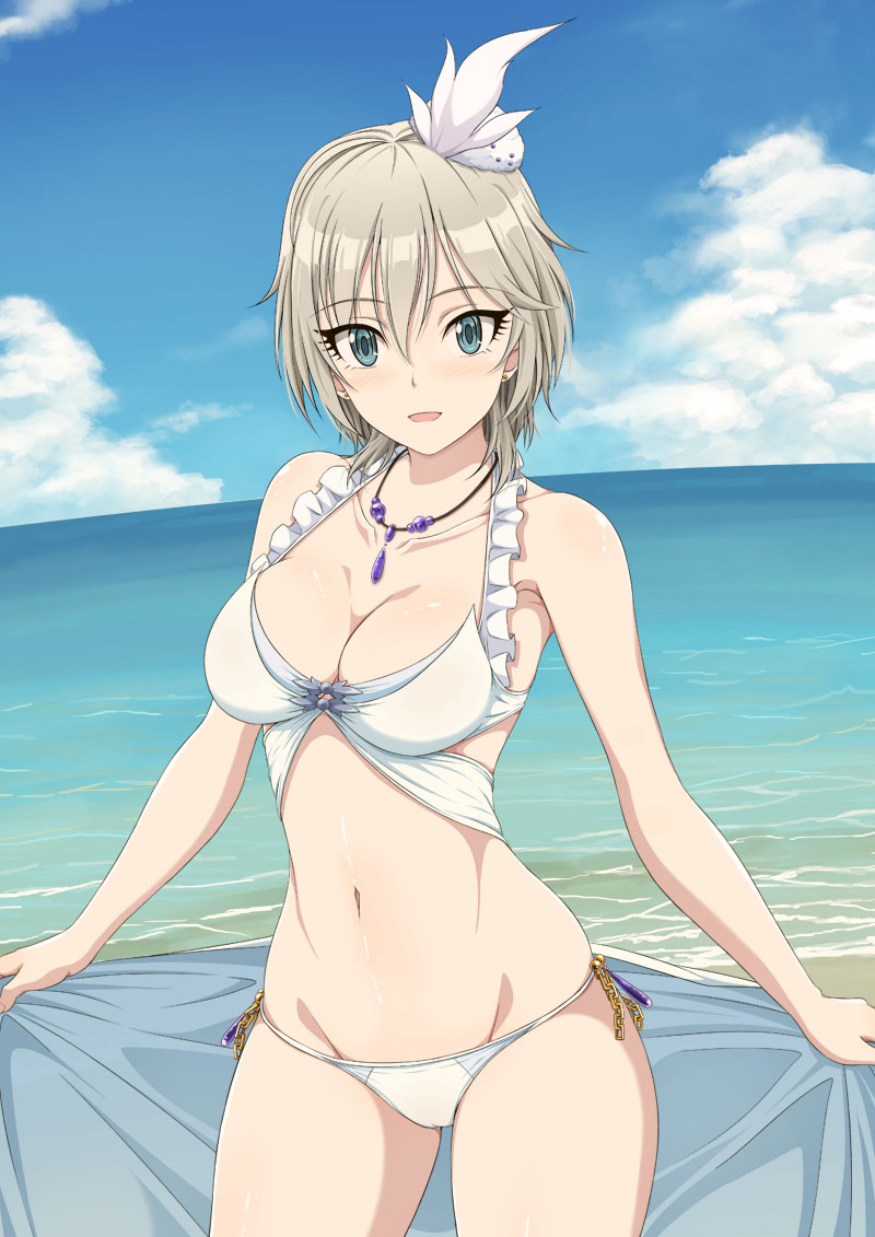 anastasia_(idolmaster) bikini blue_eyes blush breasts cleavage clouds eyebrows_visible_through_hair eyelashes_visible_through_hair female female_only hair_between_eyes idolmaster idolmaster_cinderella_girls inoshira jewelry looking_at_viewer necklace ocean open_mouth outdoors short_hair silver_hair sky smile water white_bikini