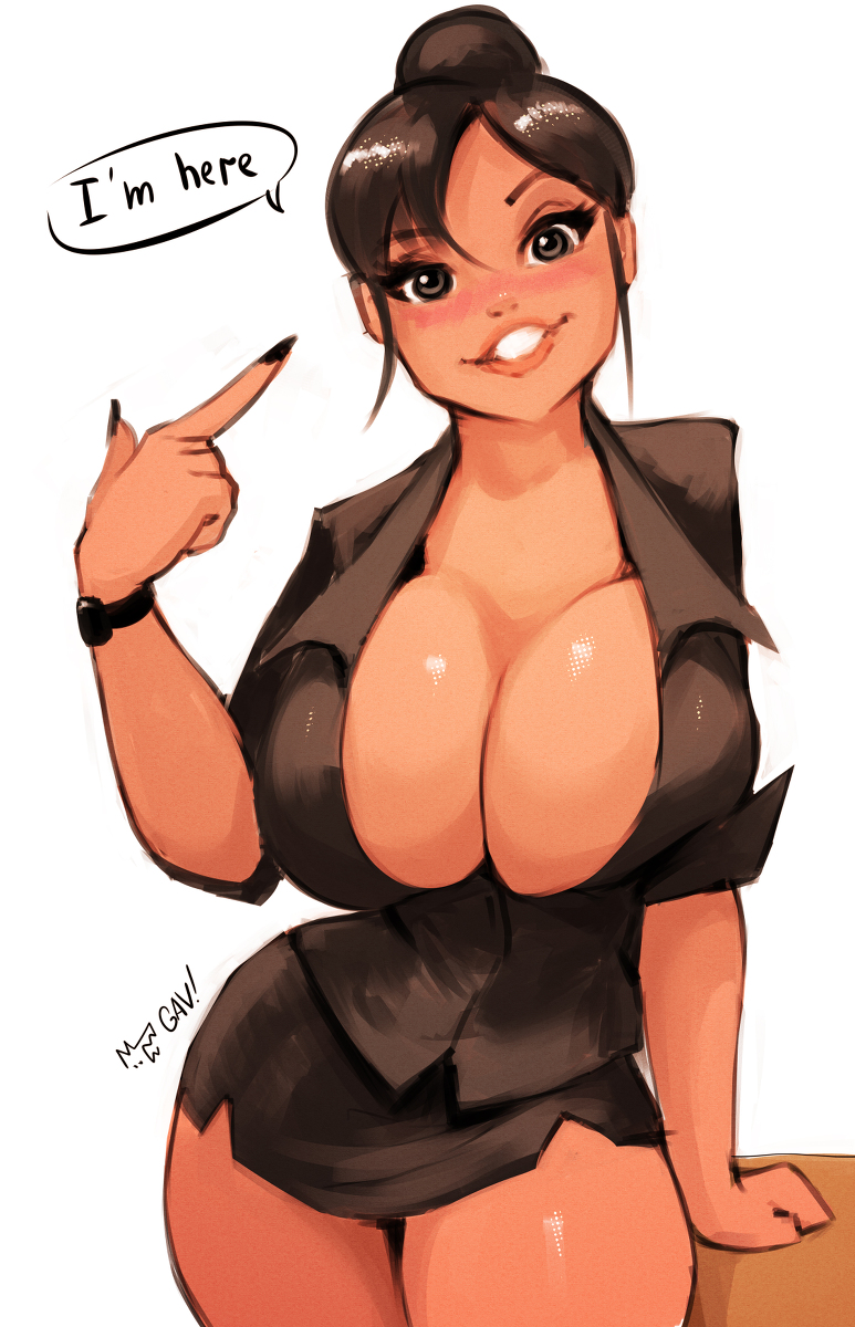 1girls, aleksandrgav, bare legs, big breasts, blazer, breasts, brown hair, business suit, business woman, busty, cleavage, female, female focus, female only, hourglass figure, large breasts, long fingernails, long hair, miniskirt, nail polish, office lady, pinup, pinup pose, skimpy, skimpy clothes, skirt, sleeves rolled up, smile, smiling, smiling at viewer, solo, speech bubble, standing, tagme, tied hair, wide hips