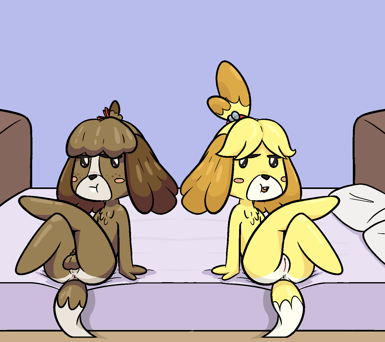 1boy 1girls accessory animal_crossing anthro anus balls bed bedroom bisexual blush body_blush both_sexes_in_same_situation brother brother_and_sister brown_body brown_fur canid canine canis chest_tuft clitoral_hood closed_mouth crossed_legs digby_(animal_crossing) domestic_dog duo eye_contact female freckles fur furniture furry furry_only genitals hair_accessory hair_bell hair_ribbon happy_harvey hi_res isabelle_(animal_crossing) leaning leaning_back looking_aside looking_at_another male mammal naked nintendo nude open_mouth opposite_sex_twins penis phone_drawing pillow presenting presenting_anus presenting_balls presenting_pussy puffed_cheeks pussy pussy_blush raised_leg ribbons sibling sister sitting tail tuft video_games yellow_body yellow_fur