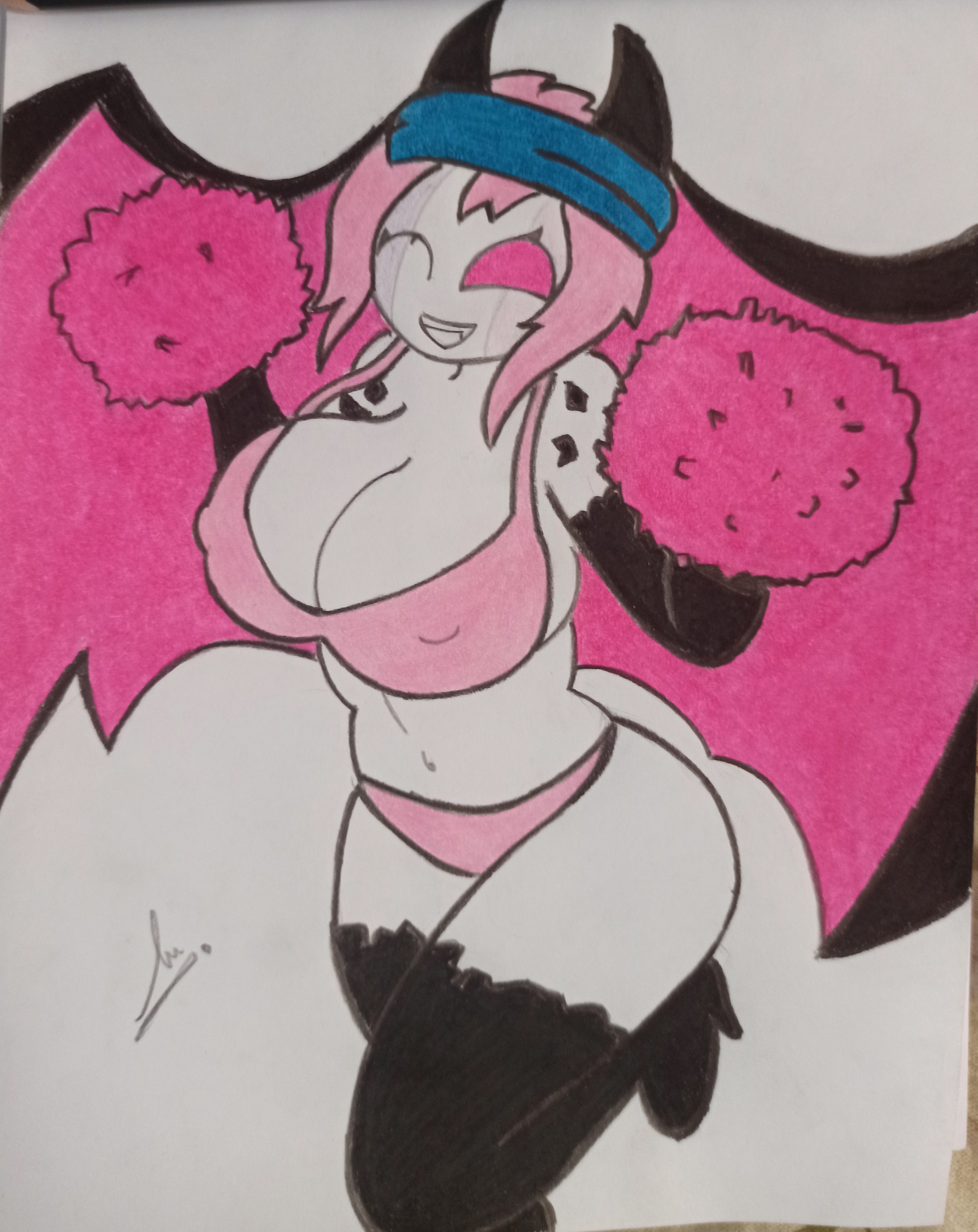 big breasts, breasts, cheerleader, cheerleader uniform, color, cute, female, female only, friday night funkin, friday night funkin mod, happy, pink eyes, pink hair, sarvente, sarvente (dokki.doodlez), sarvente (friday night funkin), sketch, ste ya sabes