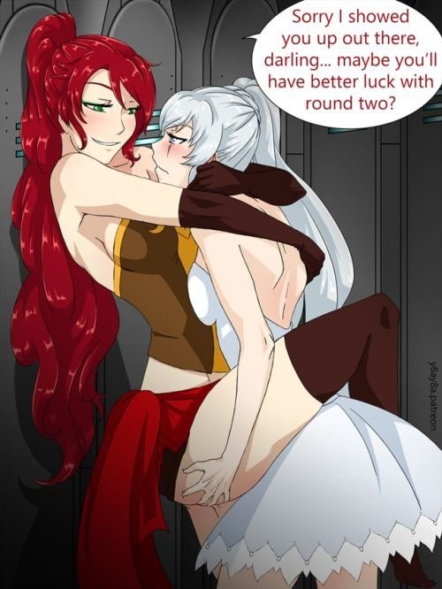2girls, blue eyes, dress, english text, female, female only, green eyes, high ponytail, holding leg, long hair, looking at another, multiple females, multiple girls, ponytail, pyrrha nikos, red hair, rwby, scar, scar across eye, shiny hair, shiny skin, speech bubble, tagme, weiss schnee, white hair, y8ay8a, yaya (y8ay8a), yuri