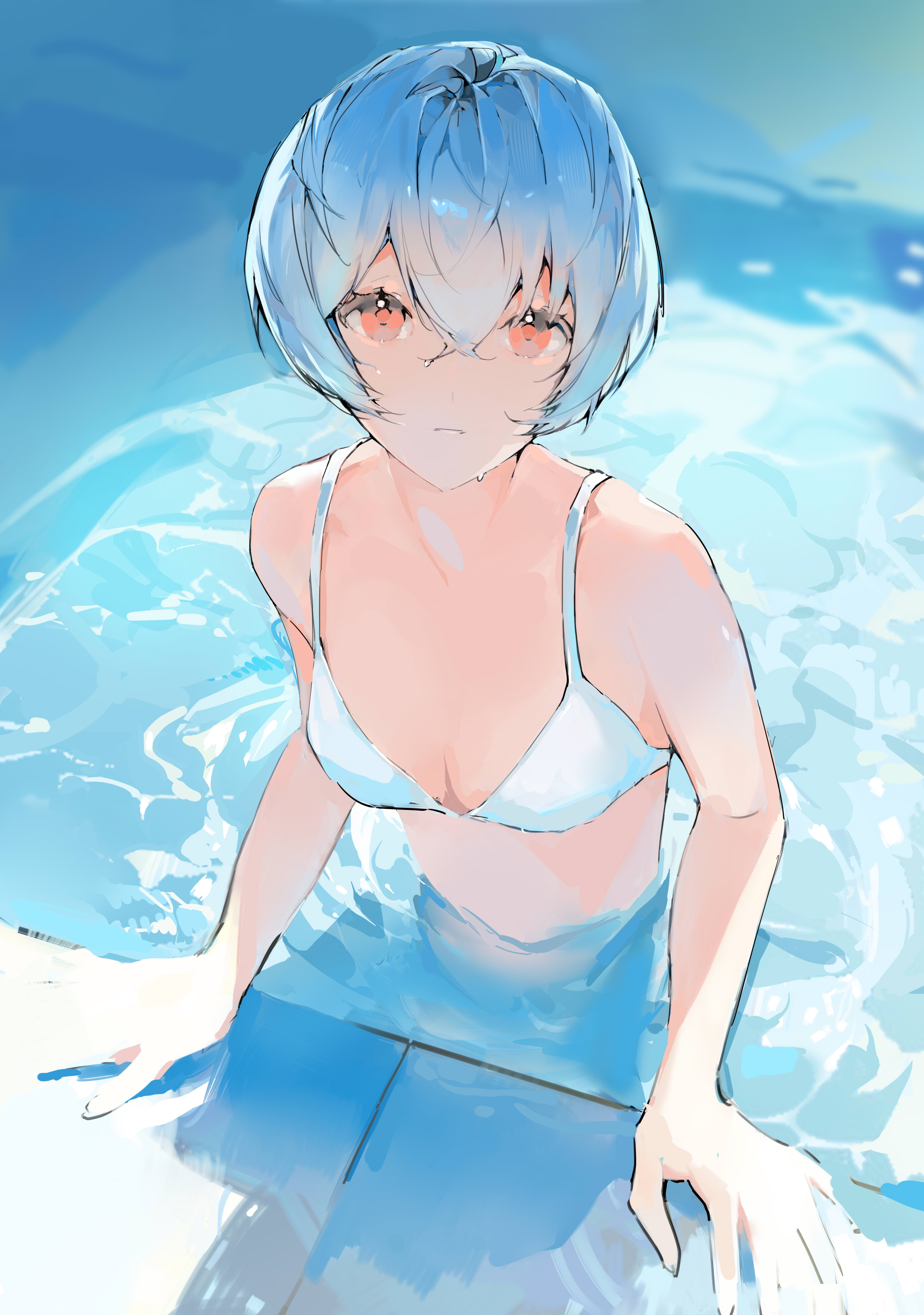 1girls, absurd res, bikini, blue hair, breasts, cleavage, female, female only, hi res, looking at viewer, looking up, neon genesis evangelion, pool, red eyes, rei ayanami, short hair, small breasts, solo, solo female, swimsuit, water, wet