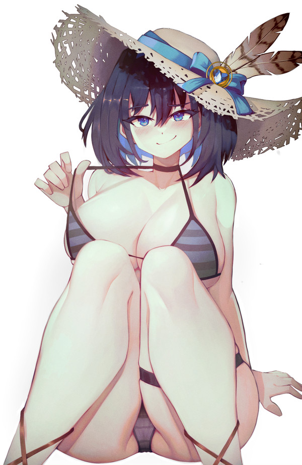 bikini, blue eyes, blue hair, breasts, dark blue hair, feathered hat, female, hololive, hololive english, hololive english -council-, hololive english -promise-, large breasts, multicolored hair, ouro kronii, pov, pov eye contact, pulling bikini string, short hair, sitting, smug, straw hat, striped bikini, sun hat, tugging clothing, varniskarnis, virtual youtuber, white background