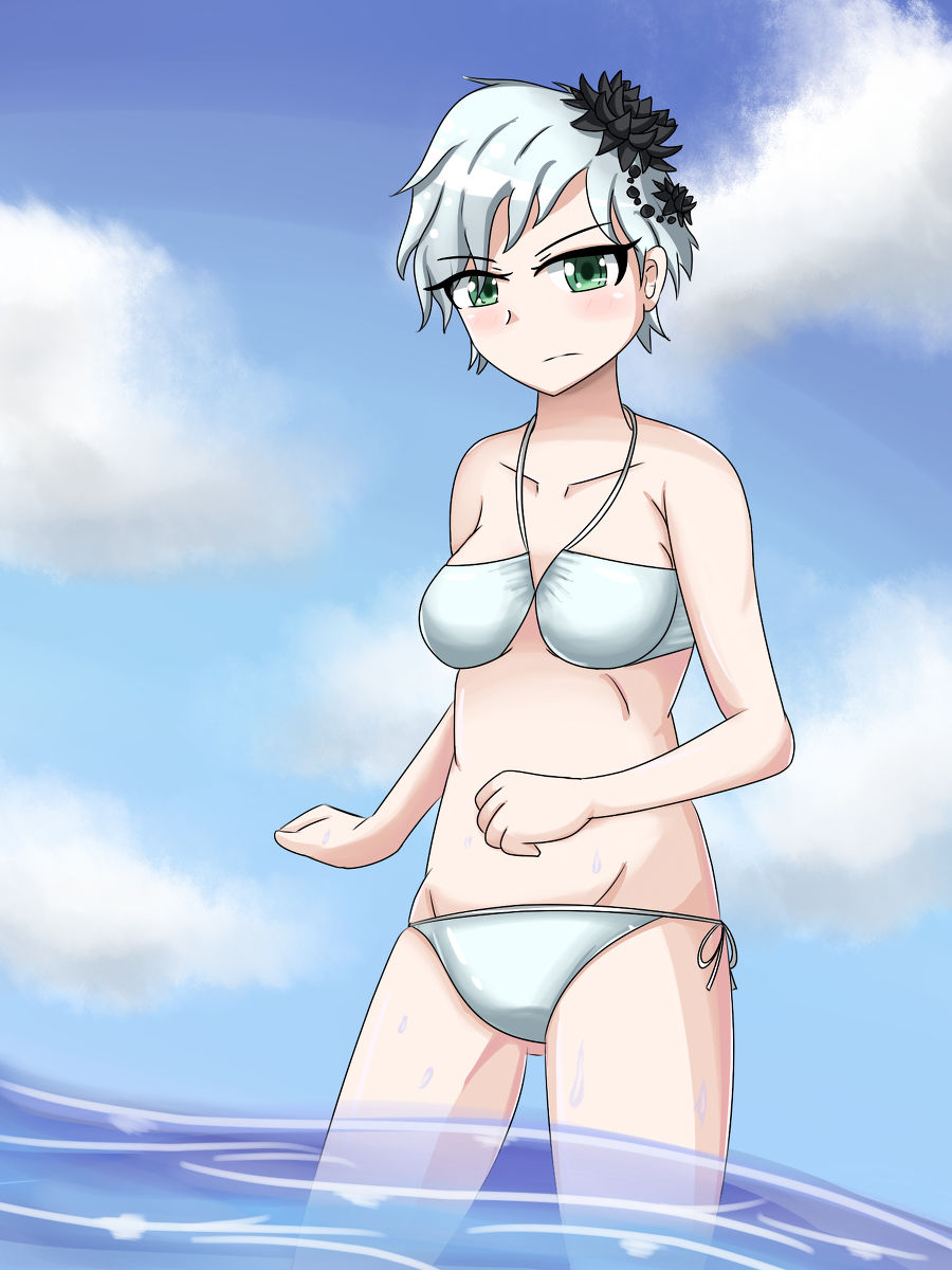 1girls 2019 angry bikini blush female flower_in_hair green_eyes hair_flower outdoors partially_submerged phi_(zero_escape) redleaf64 short_hair solo solo_female virtue's_last_reward water wet white_bikini white_hair zero_escape