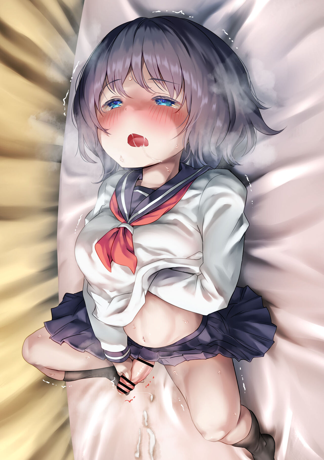 1futa, after masturbation, after orgasm, ayanakitori, bar censor, bed, blush, breast grab, breasts, censored, clothed, clothing, cum, erection, female, futa only, futanari, handjob, high-angle view, human, intersex, light skin, light-skinned futa, masturbation, mostly clothed, penis, school uniform, schoolgirl, skirt, socks, spread legs