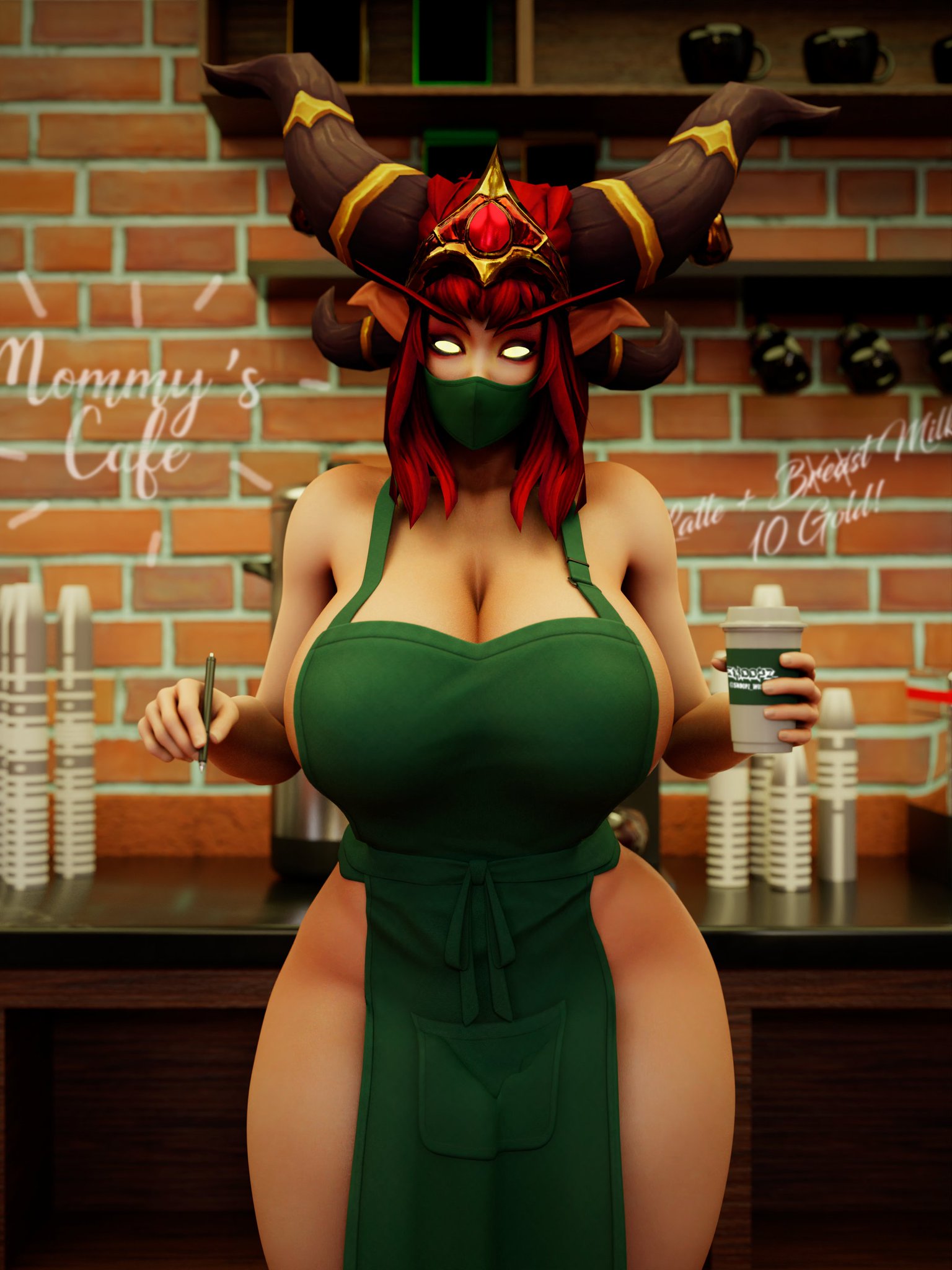 alexstrasza, apron, ass, big ass, big breasts, breasts, cafe, coffee, coffee cup, dragon, face mask, female, horns, iced latte with breast milk, large breasts, meme, milf, milk, red hair, snoopz, thick thighs, warcraft, wide hips, world of warcraft