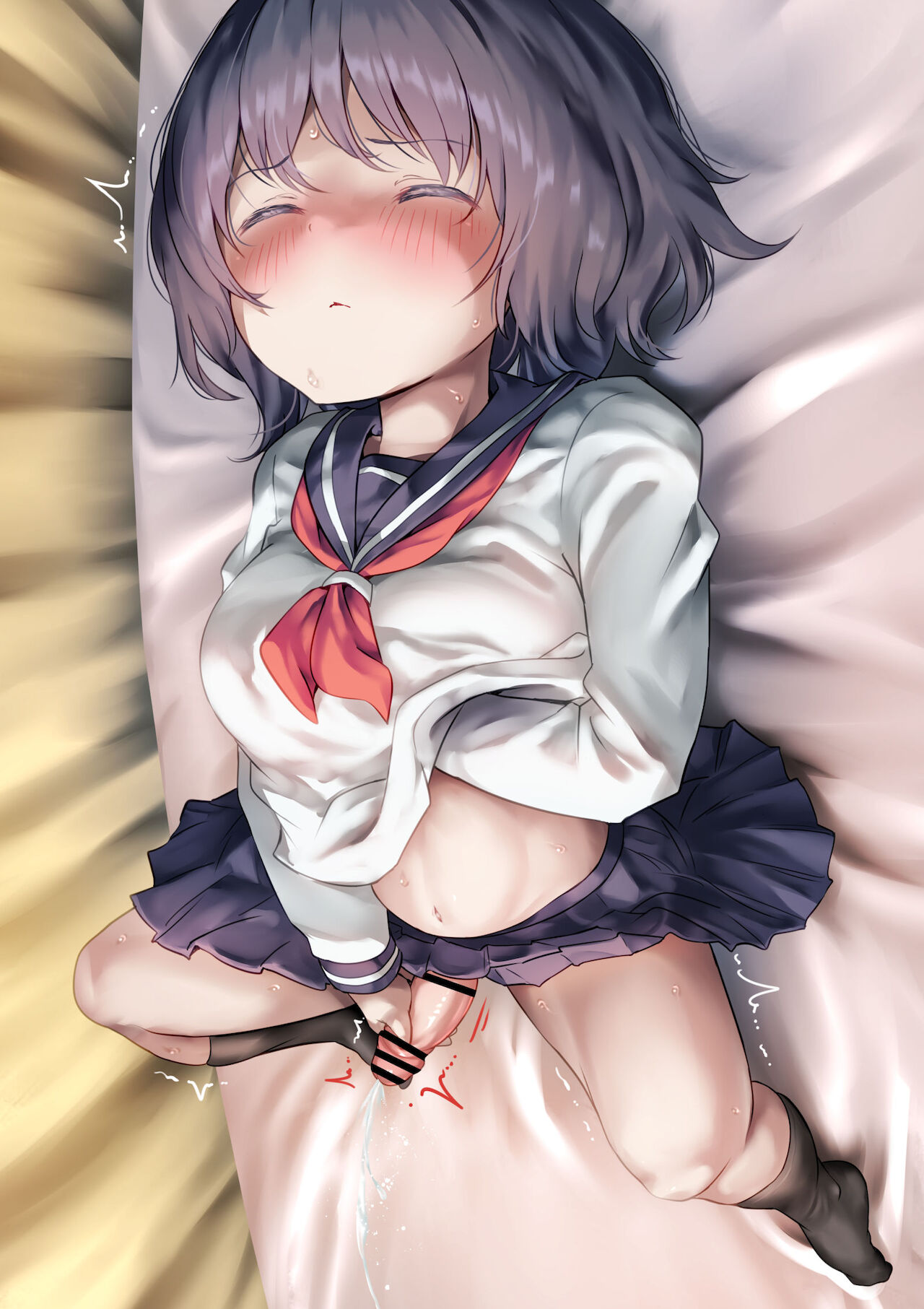 1futa, ayanakitori, bar censor, bed, blush, breast grab, breasts, censored, closed eyes, clothed, clothing, cum, cumshot, ejaculation, erection, female, futa only, futanari, handjob, high-angle view, human, intersex, light skin, light-skinned futa, masturbation, mostly clothed, orgasm, penis, school uniform, schoolgirl, skirt, socks, spread legs