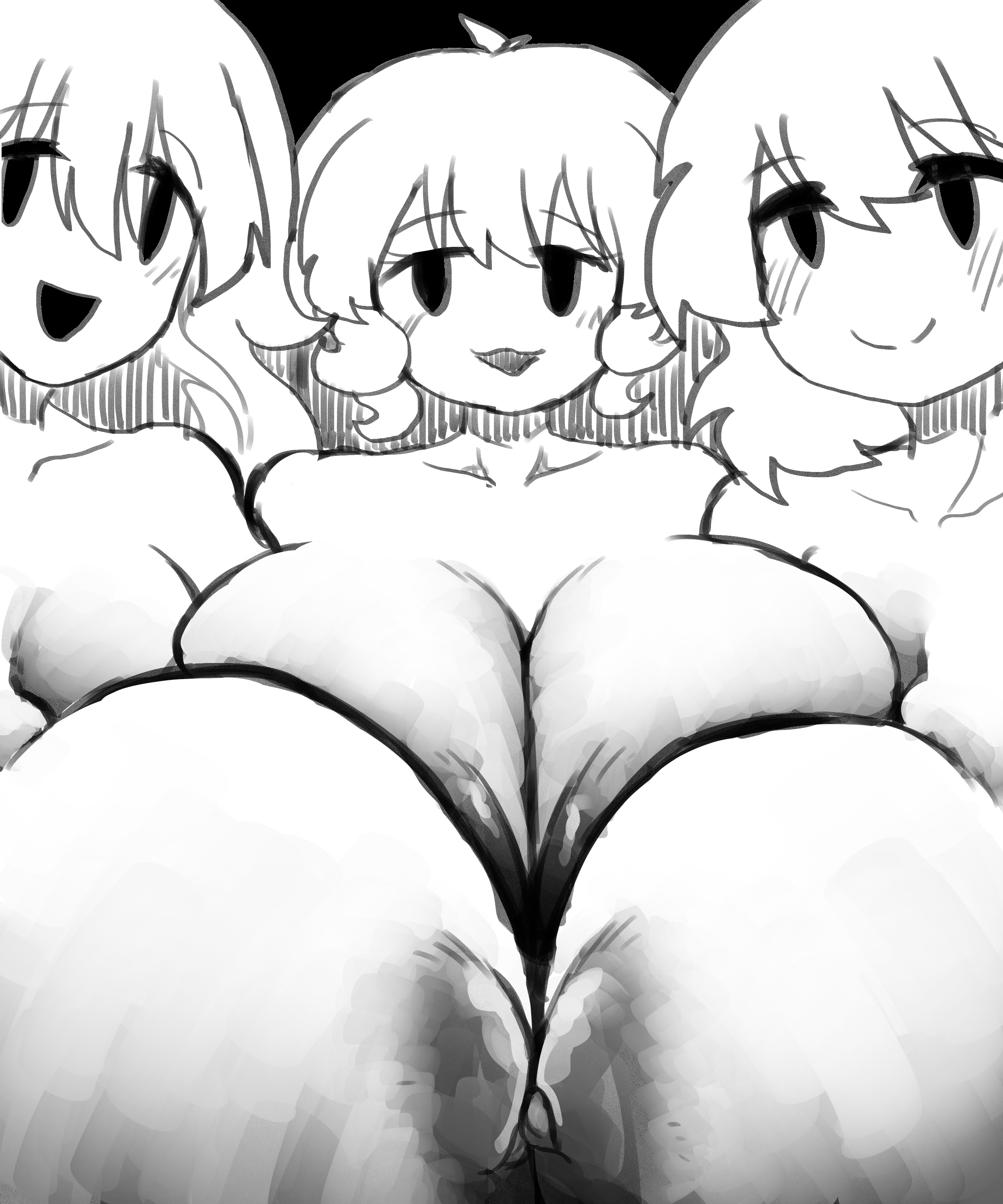 2022, 4girls, alternate breast size, areola, areolae, black eyes, breast focus, breast squish, breast to breast, breasts, chara, crossover, female, female chara, female only, female pov, fnf mods, friday night funkin, ghost, ghost girl, gigantic breasts, girlfriend (friday night funkin), huge breasts, human, long hair, looking at viewer, mob face, monochrome, monochrome background, newgrounds, nipples, nude, nude female, open mouth, short hair, simple eyes, sketch, smile, spooky (shojs), spooky's house of jump scares, top heavy, trio, trio focus, undertale, whitewo1f
