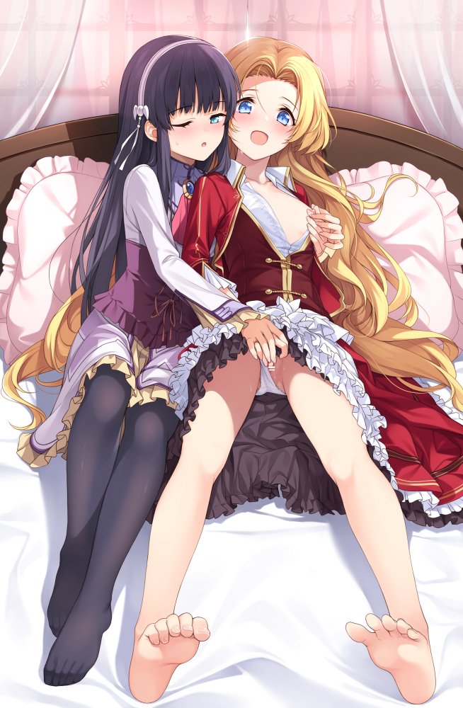 2girls ;o alfin_reise_arnor bar_censor black_hair blonde_hair blue_eyes blush censored clothing_aside eiyuu_densetsu elise_schwarzer feet fingering hairband hakuleg legs long_hair multiple_girls one_eye_closed open_mouth panties panties_aside pantyhose sen_no_kiseki underwear yuri