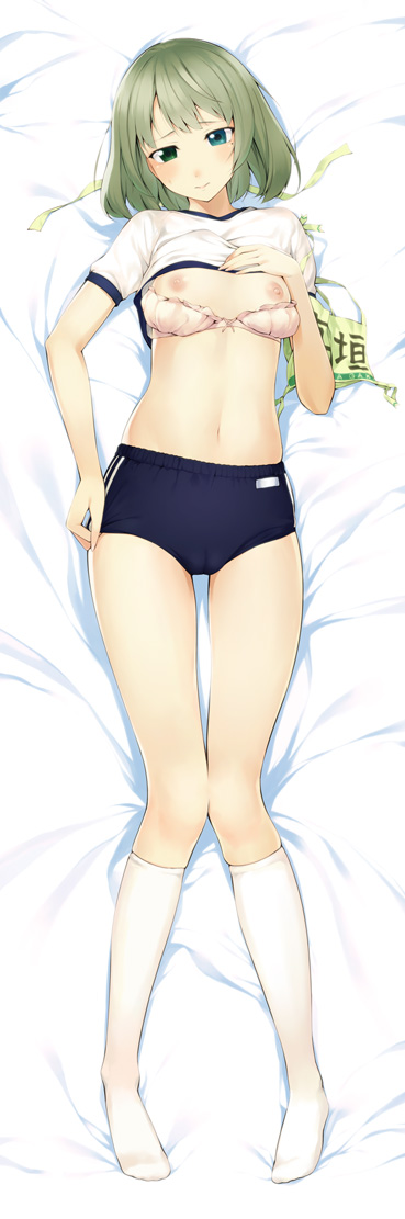 blue_buruma bra bra_pull buruma cameltoe clothes_pull clothing dakimakura double_vertical_stripe female female full_body green_hair gym_uniform heterochromia idolmaster idolmaster_cinderella_girls kneehighs legwear lingerie long_image mole mole_under_eye navel nipples no_shoes pettanko shirt shirt_lift shirt_pull short_hair solo sportswear takagaki_kaede tall_image u_(the_unko) underwear underwear_pull uniform white_legwear