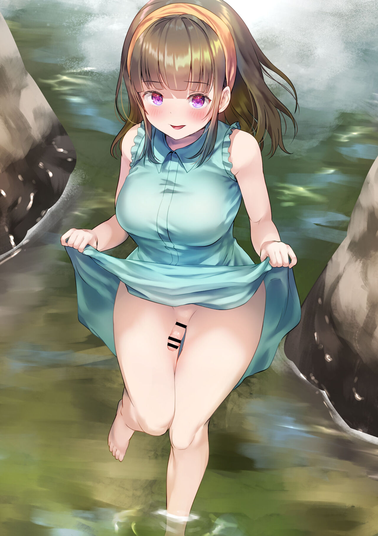 1futa, ayanakitori, bar censor, barefoot, blush, bottomless, censored, clothed, clothing, dress, dress lift, futa only, futa sans balls, futanari, human, intersex, light skin, light-skinned futa, looking at viewer, mostly clothed, outdoors, penis, small penis, solo, standing