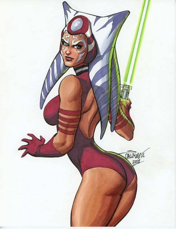 1girls, 2019, ahsoka tano, alien, alien girl, athletic, athletic female, blue eyes, female, female only, fully clothed, green lightsaber, jedi, lekku, lightsaber, orange skin, scott dalrymple, solo, star wars, star wars rebels, togruta