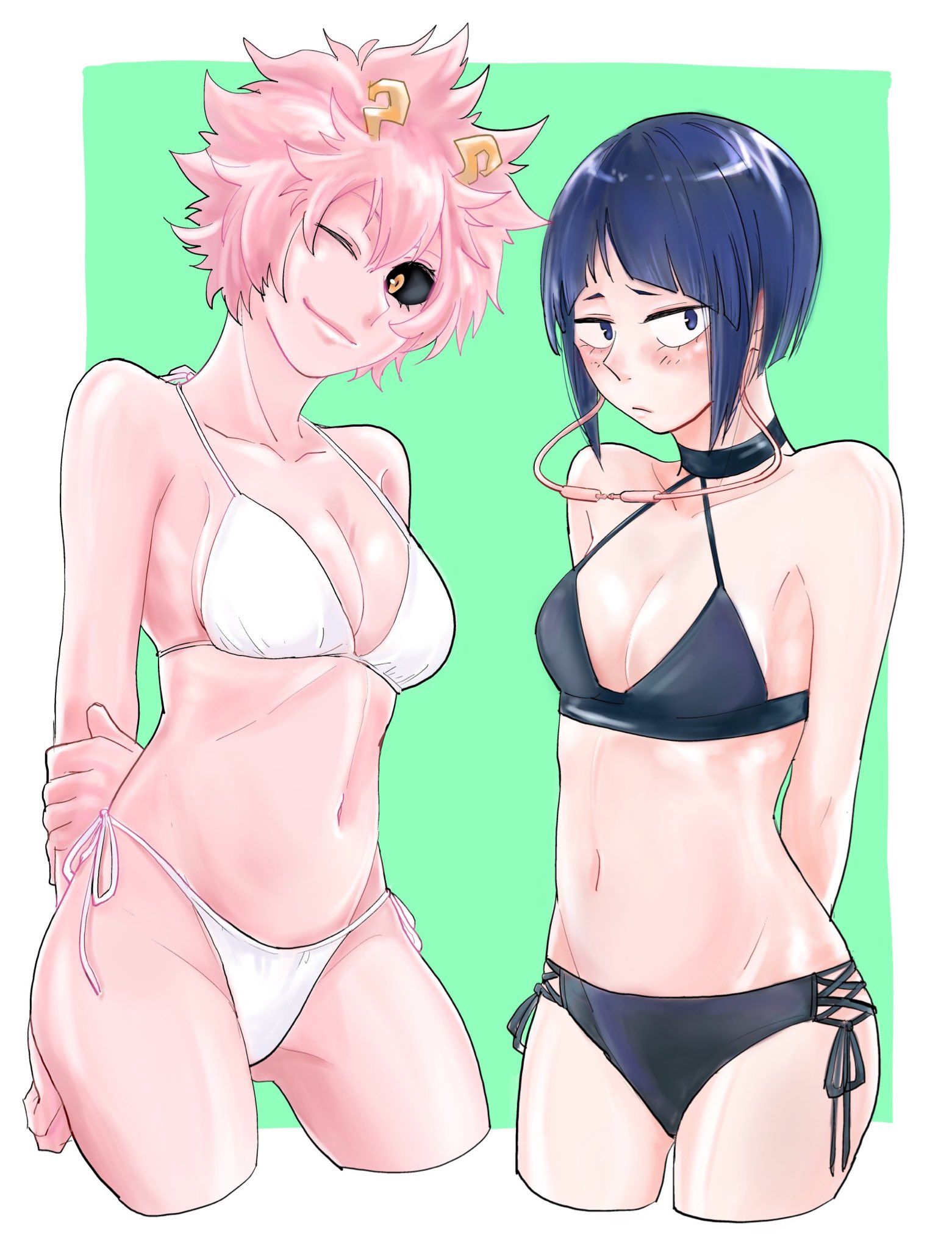 2girls, artist request, bikini, black sclera, blush, bob cut, cleavage, female, female only, hands behind back, horns, kyoka jiro, mina ashido, my hero academia, pink hair, pink skin, pink-haired female, purple hair, purple-haired female, short hair, side-tie bikini, swimsuit, white bikini, wink