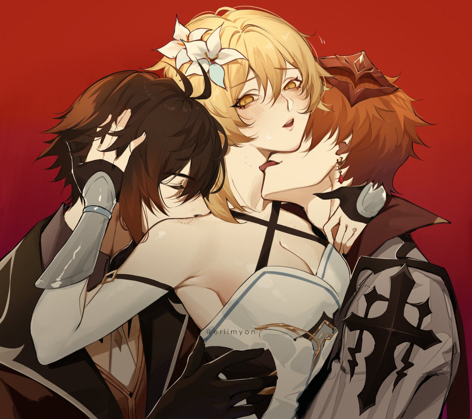 1girls, 2boys, arm around neck, bite mark, blonde hair, childe (genshin impact), clothed, eriimyon, female, flower in hair, genshin impact, gloves, hand in hair, licking, licking neck, lumine (genshin impact), male, questionable, romantic, sandwich position, sandwiched, tagme, tartaglia (genshin impact), threesome, wholesome, zhongli (genshin impact)