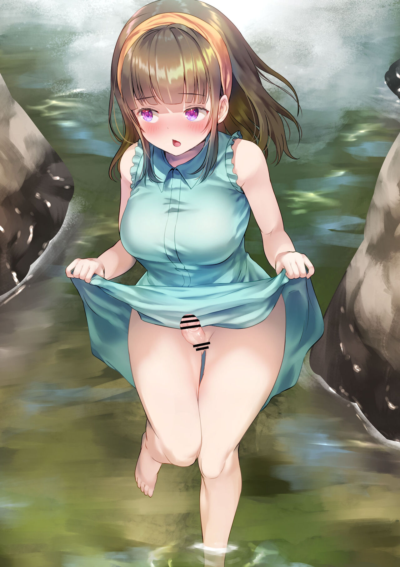 :o, 1futa, ayanakitori, bar censor, barefoot, blush, bottomless, censored, clothed, clothing, dress, dress lift, embarrassed, embarrassed futa, erection, futa only, futa sans balls, futanari, human, intersex, light skin, light-skinned futa, mostly clothed, outdoors, penis, pussy, small penis, solo, standing