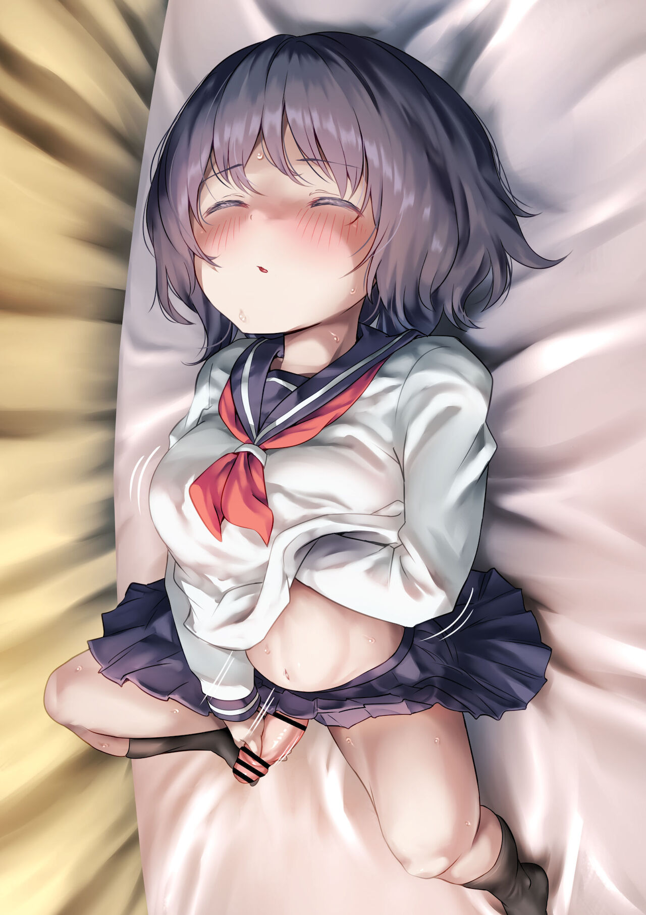 1futa, ayanakitori, bar censor, bed, blush, breast grab, breasts, censored, closed eyes, clothed, clothing, erection, female, futa only, futanari, handjob, high-angle view, human, intersex, light skin, light-skinned futa, masturbation, mostly clothed, penis, school uniform, schoolgirl, skirt, socks, solo, spread legs