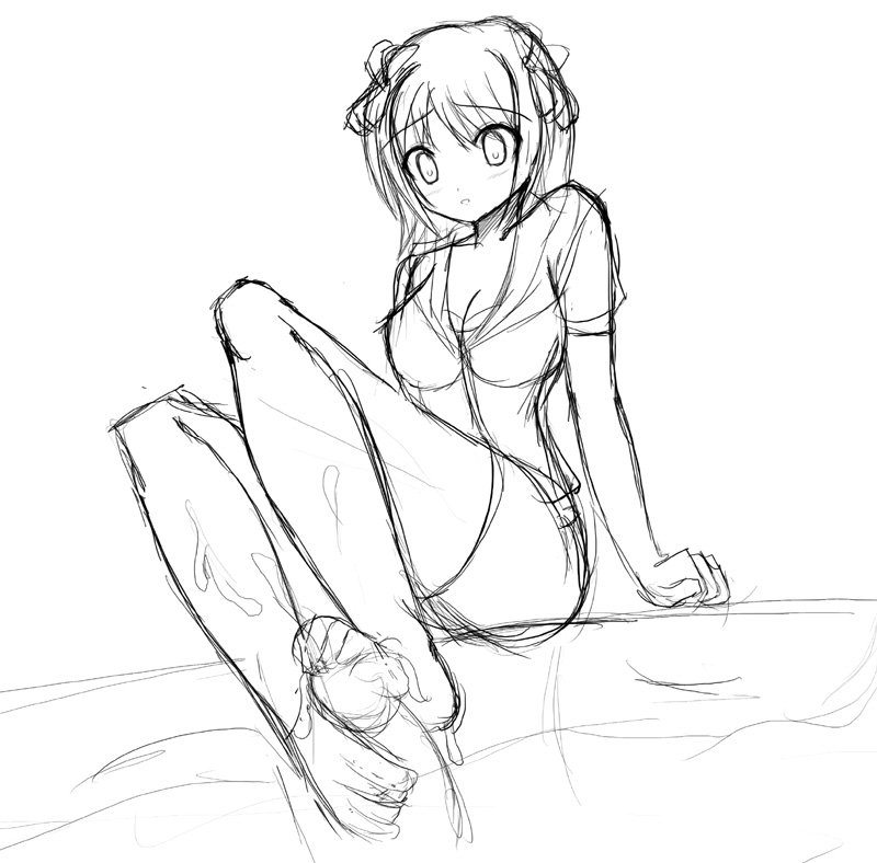 bow eyebrows_visible_through_hair feet female_focus footjob frown haruka_amami idolmaster kof1484 monochrome short_hair sketch straight